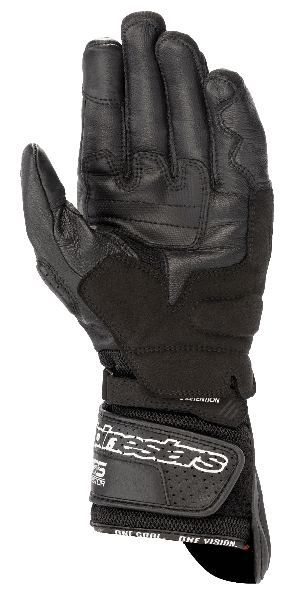 Alpinestars SP-8 V3 Air Handschuhe, Motorradhandschuhe, Schwarz, Handflächenansicht mit verstärkter Lederkonstruktion, Grip-Einsätzen und einem breiten Handgelenkriemen mit weißem Branding für eine sichere Passform.