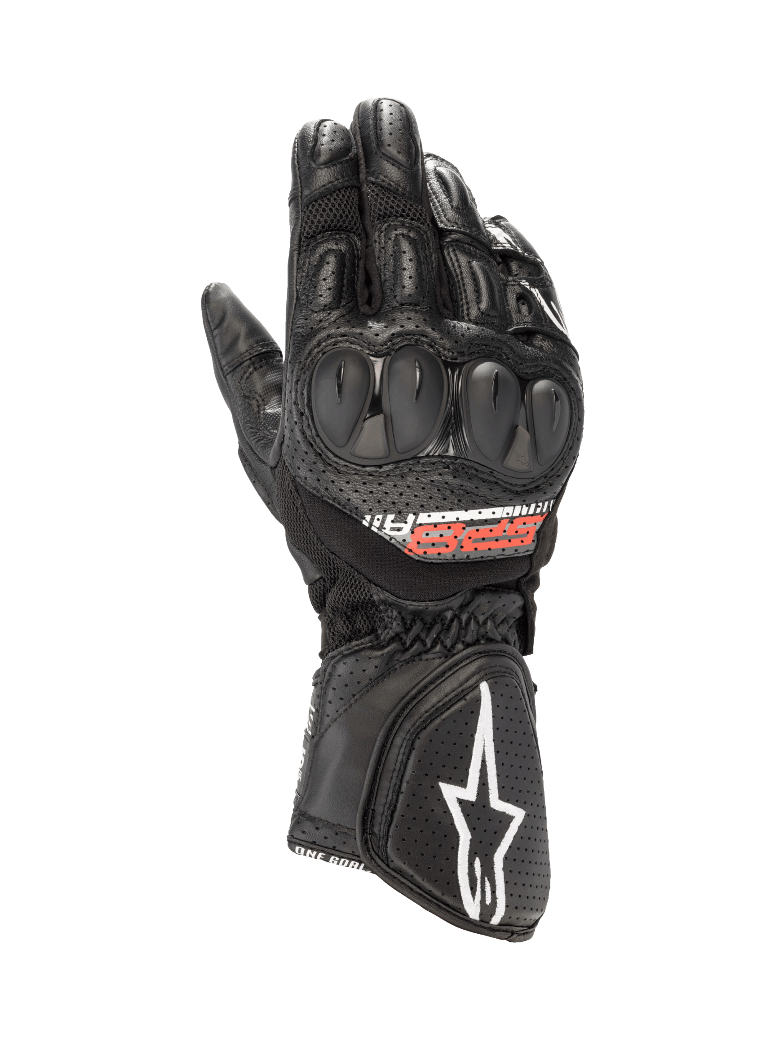 Alpinestars SP-8 V3 Air motorhandschoenen, zwart geperforeerd leer met mesh en dual-density knokkelbescherming voor racing.