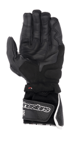 Alpinestars SP-8 V3 Air Handschuhe, Motorradhandschuhe, Schwarz mit weißen und roten Akzenten, Handflächenansicht mit perforiertem Leder, verstärkten Griffbereichen und einer 3D-Mesh-Manschette mit großem Alpinestars-Logo auf dem Klettverschluss