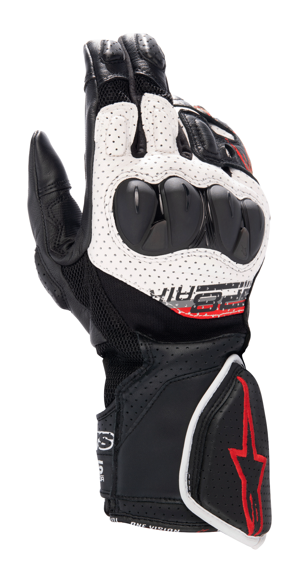 Alpinestars SP-8 V3 Air Handschuhe, Motorrad-Rennhandschuhe, Schwarz, Weiß und Leuchtend Rot, mit perforierter Lederkonstruktion, doppelt gehärtetem Knöchelschutz, 3D-Mesh-Einsätzen und roten Logo-Akzenten an der Manschette