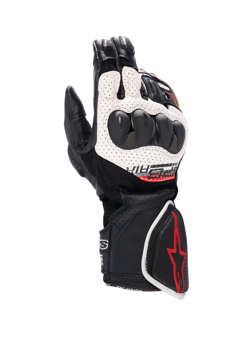 Alpinestars gants SP-8 V3 Air, gants de moto pour course pour homme, noirs et blancs avec détails rouges, cuir de chèvre perforé et protection des articulations double densité.