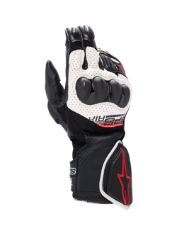 Alpinestars SP-8 V3 Air Gloves, men's motorcycle racing gloves in black and white with red accents and knuckle protection.