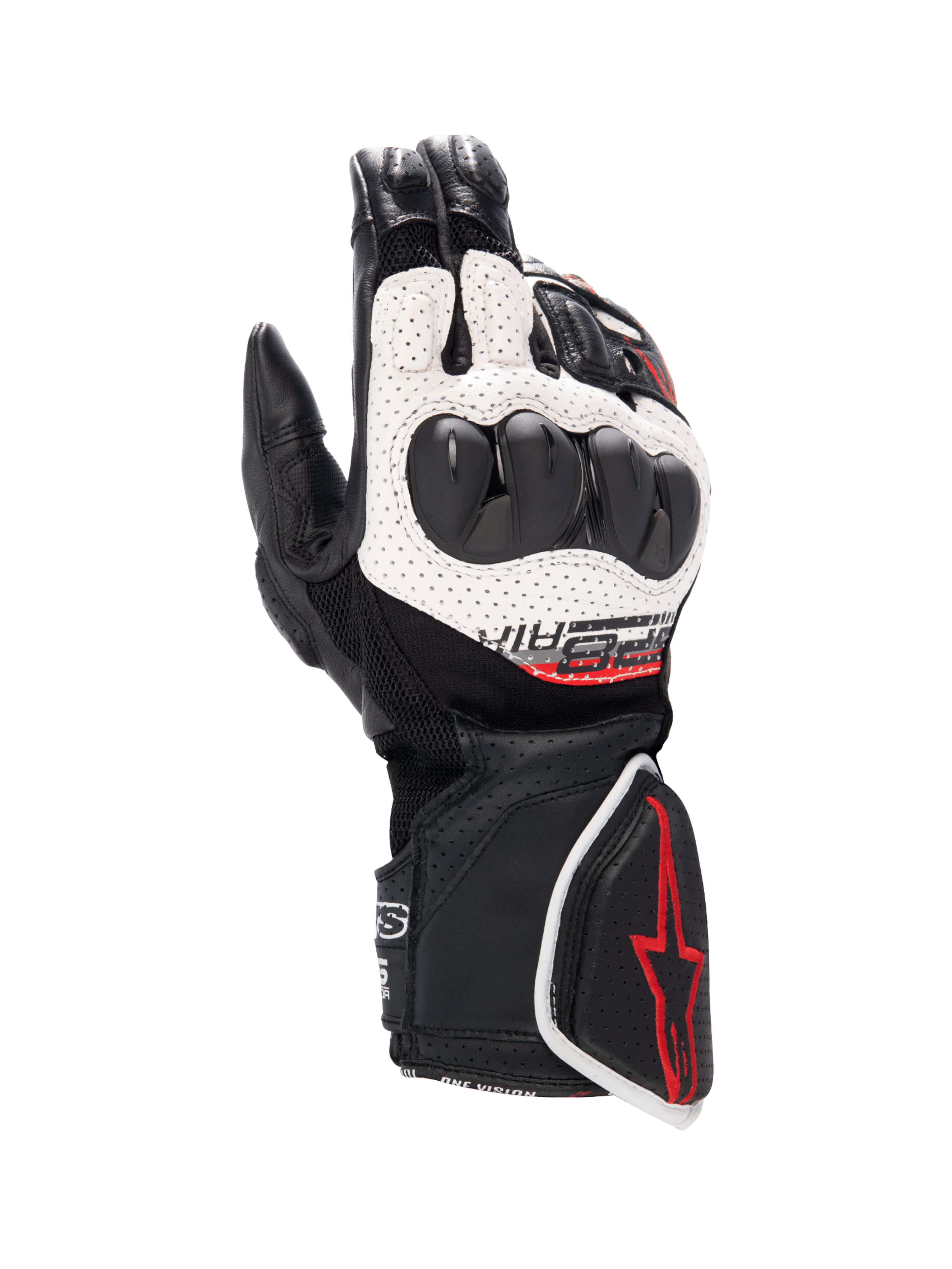 Alpinestars SP-8 V3 Air handschoenen, heren motorracinghandschoenen, zwart en wit met rode accenten en knokkelbescherming.