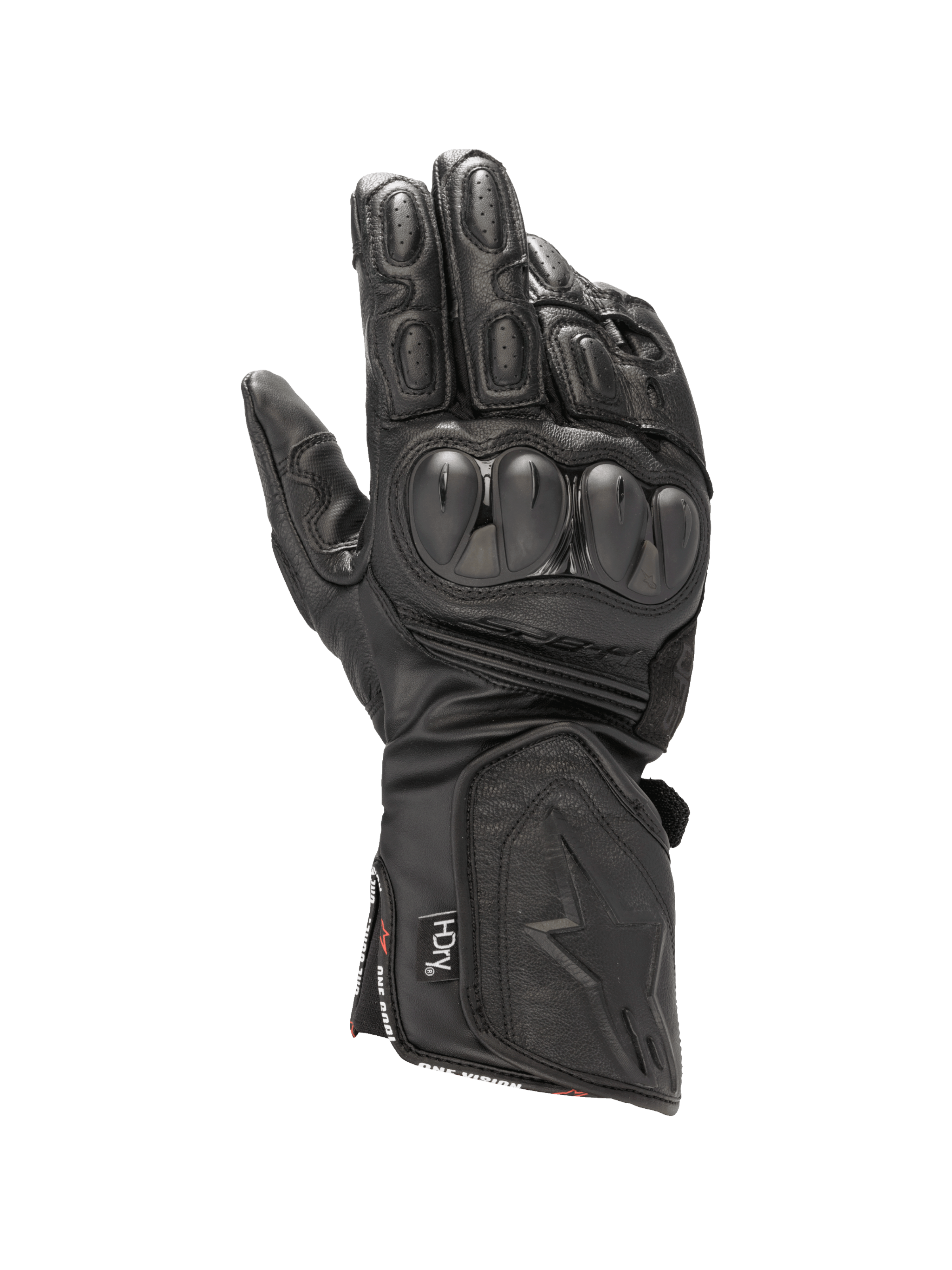 Alpinestars SP-8 HDry handschoenen, zwarte waterdichte lederen motorhandschoenen met knokkelbescherming.
