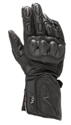 Alpinestars SP-8 HDry Gloves, Waterproof Motorcycle Racing Gloves, Black, dual-density hard knuckle protectors, textured leather with perforations, padded fingers, long gauntlet cuff with embossed star logo, and HDry technology branding