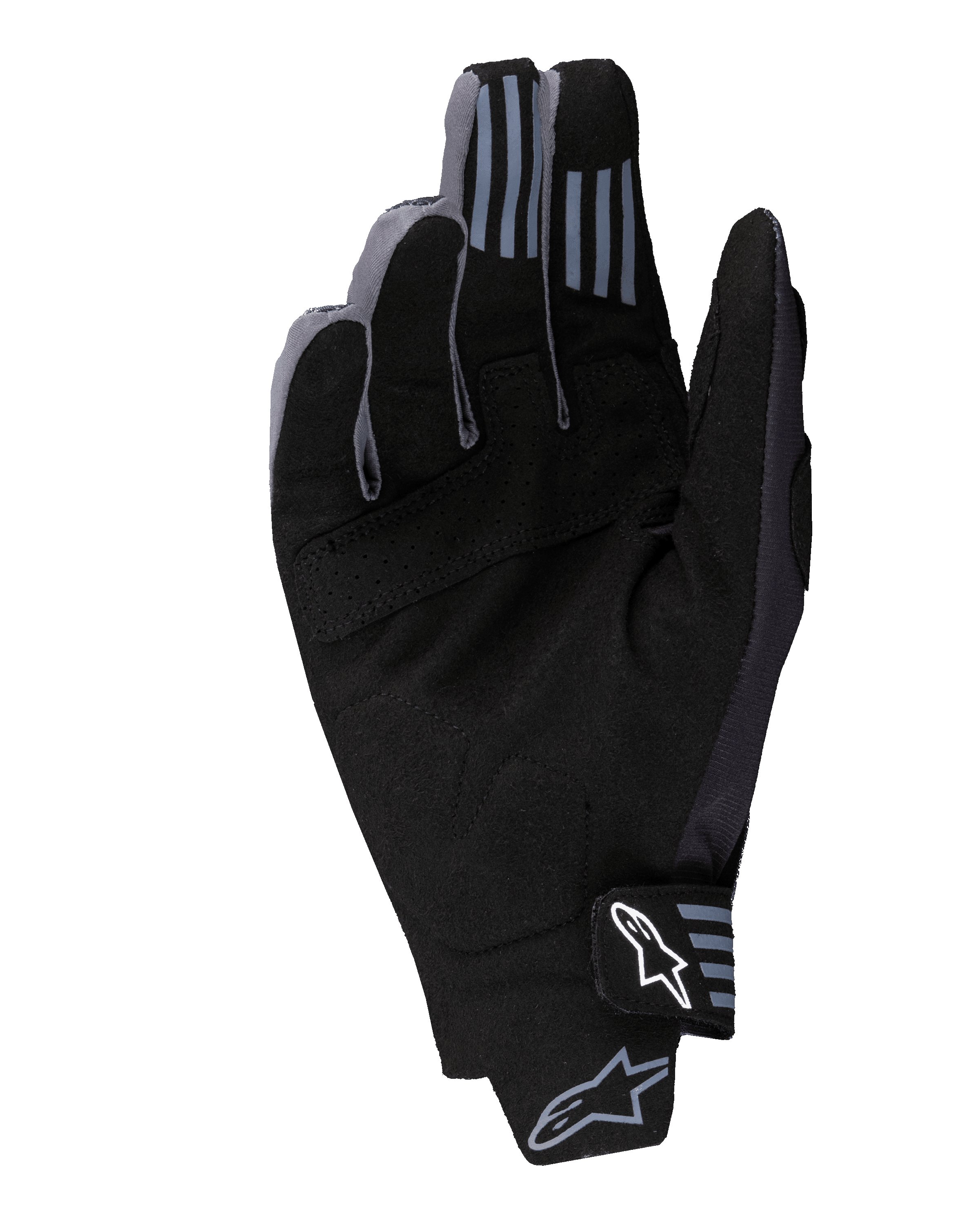 Alpinestars 2025 Techstar Gloves, gants de motocross, noir, vue de la paume montrant le matériau en daim synthétique avec détails perforés, grip en silicone sur le bout des doigts et logo Alpinestars blanc sur la fermeture du poignet.
