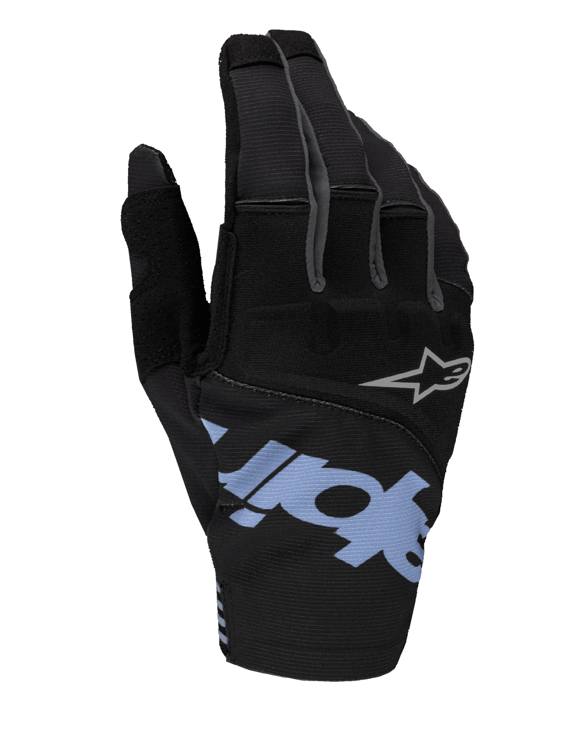 Alpinestars 2025 Techstar Gloves, Motocross Gloves, Black with Light Blue and Gray accents, featuring large light blue branding and small gray star logo, stretch ripstop and neoprene backhand for off-road racing