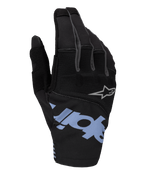 Gants Alpinestars Techstar 2025, gants de motocross, noirs avec accents bleu clair et gris, dotés d'un grand marquage bleu clair et d'un petit logo étoile gris, dos de la main en ripstop extensible et néoprène pour la course tout-terrain