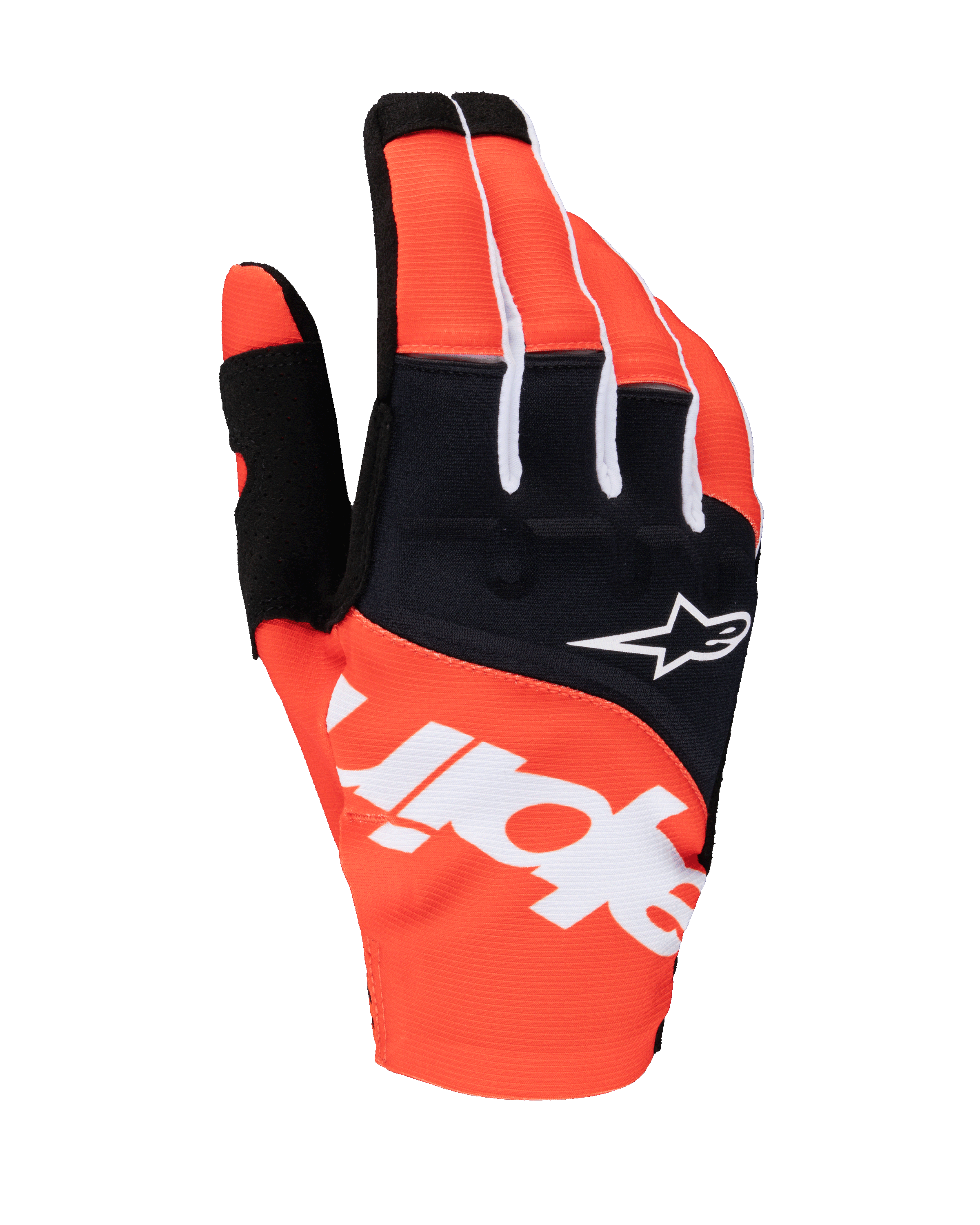 Alpinestars 2025 Techstar handschoenen, motorcross handschoenen, zwart en feloranje, voorzien van witte Alpinestars-branding op de handrug, wit sterlogo op het zwarte knokkelpaneel, hoogwaardige textieluitrusting voor off-road racen