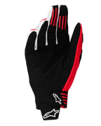 Alpinestars 2025 Techstar handschoenen, motorcross handschoenen, zwart en felrood, palmzicht met synthetische suède constructie, rode siliconen gripstrepen op de vingers en voorgevormde polssluiting met witte Alpinestars-logo's