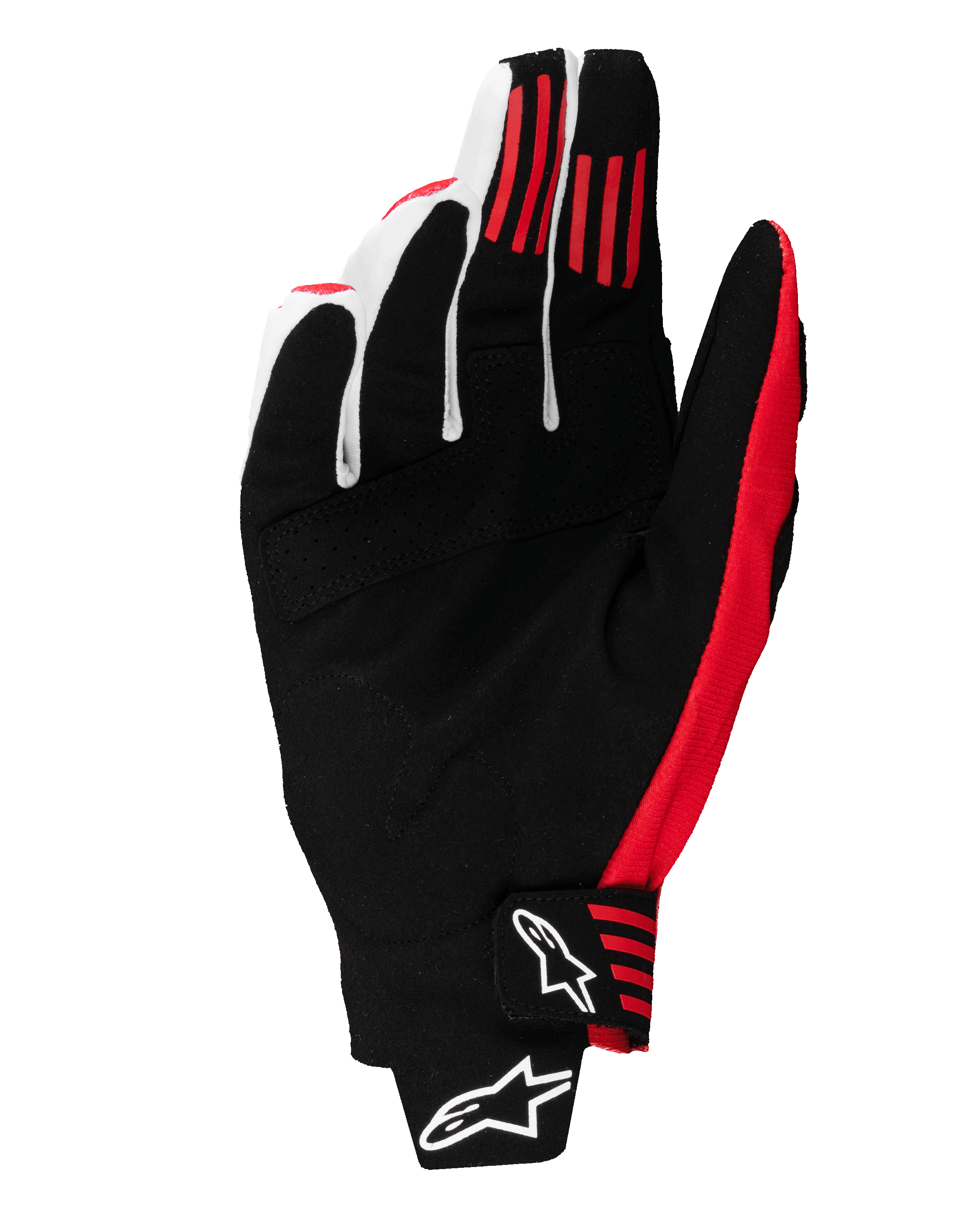 Alpinestars 2025 Techstar handschoenen, motorcross handschoenen, zwart en felrood, palmzicht met synthetische suède constructie, rode siliconen gripstrepen op de vingers en voorgevormde polssluiting met witte Alpinestars-logo's