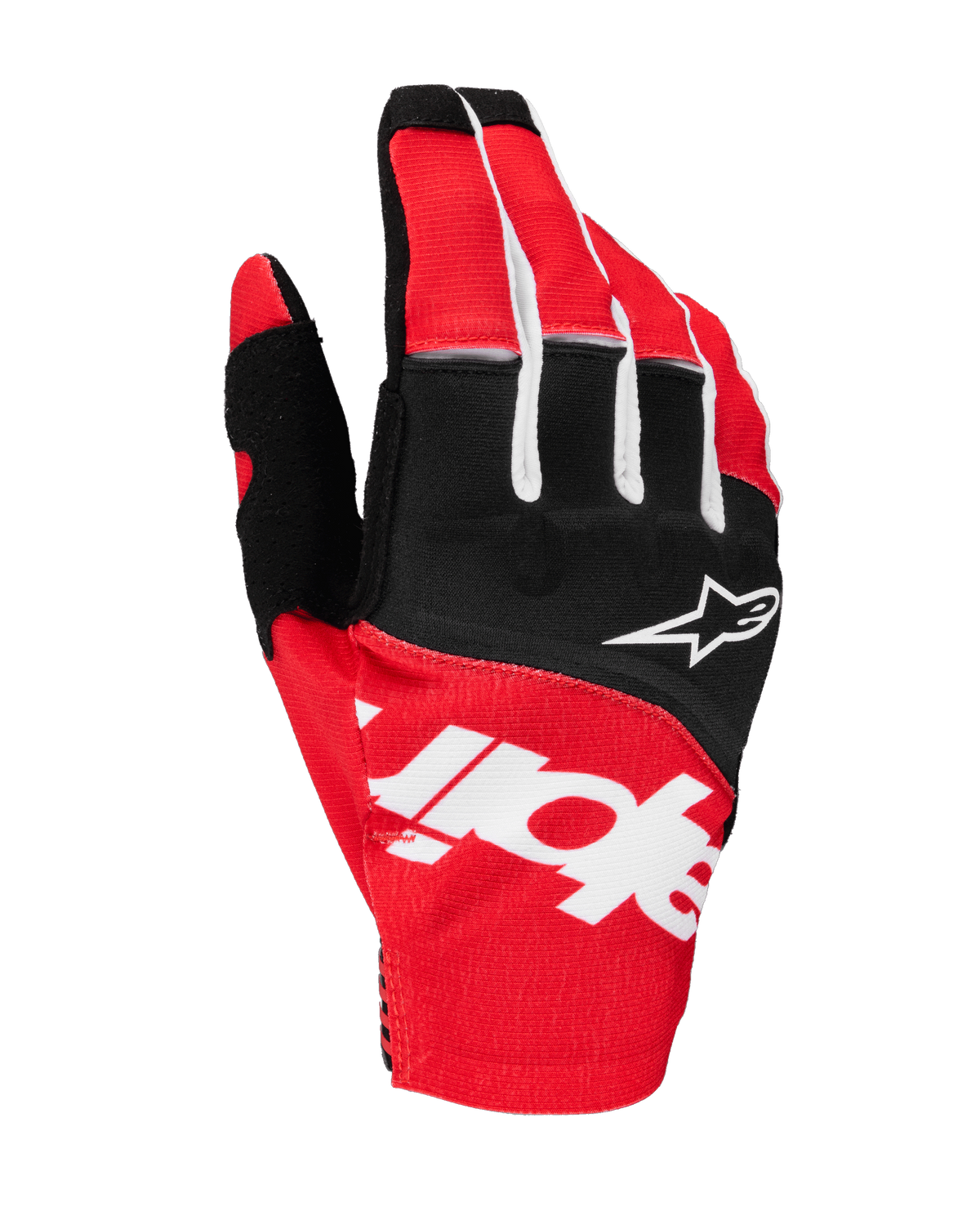 Alpinestars 2025 Techstar handschoenen, motorcross handschoenen, zwart en helderrood met witte accenten, met grote gesublimeerde Alpinestars-branding op de rugzijde en sterlogo op de knokkels, duurzame stretchstof voor off-road racen