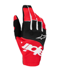 Alpinestars 2025 Techstar handschoenen, motorcross handschoenen, zwart en helderrood met witte accenten, met grote gesublimeerde Alpinestars-branding op de rugzijde en sterlogo op de knokkels, duurzame stretchstof voor off-road racen