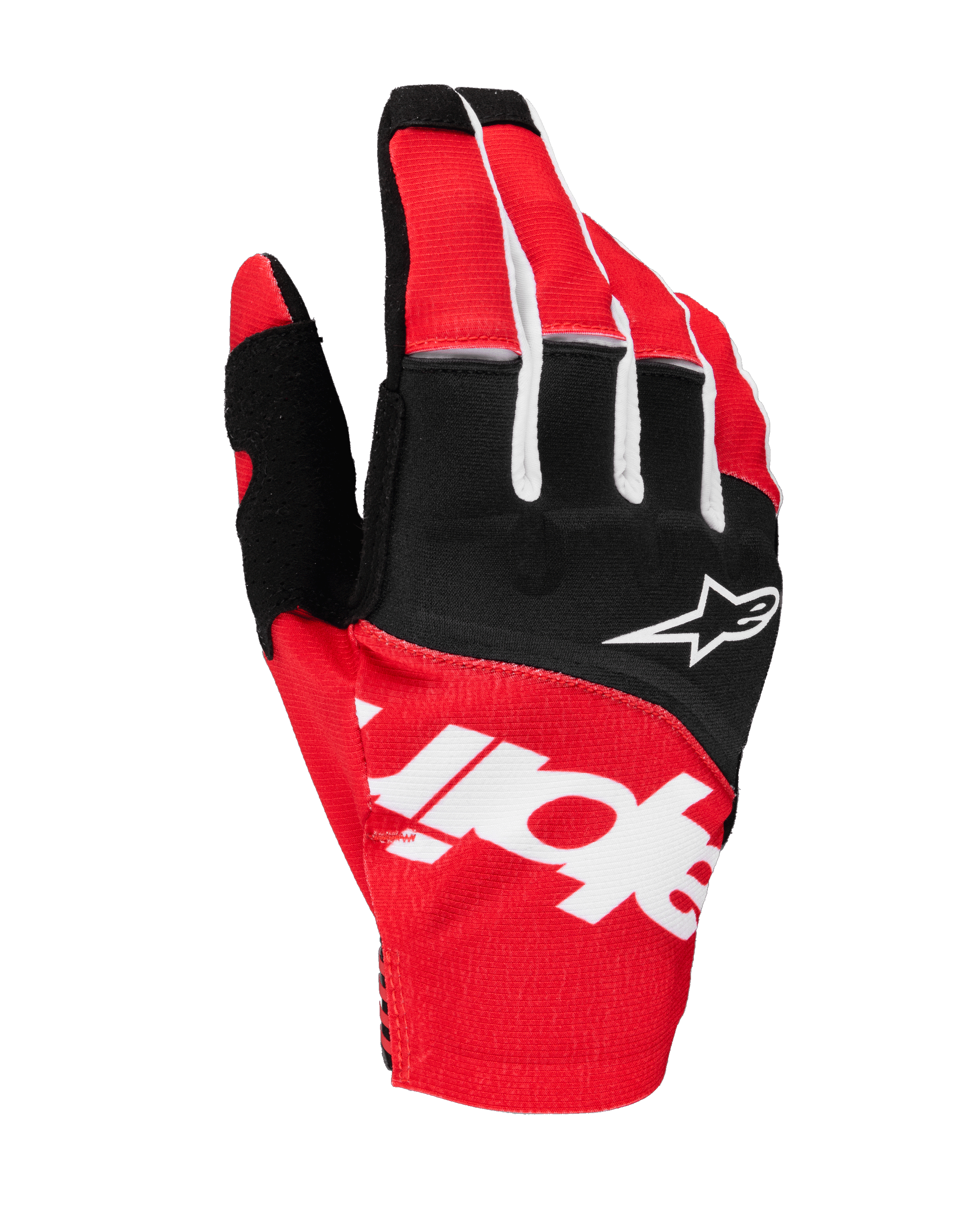 Alpinestars 2025 Techstar handschoenen, motorcross handschoenen, zwart en helderrood met witte accenten, met grote gesublimeerde Alpinestars-branding op de rugzijde en sterlogo op de knokkels, duurzame stretchstof voor off-road racen
