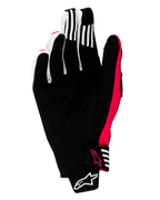 Alpinestars 2025 Techstar Gloves, Motocross Gloves, Black and Pink Fluo, palm view featuring reinforced synthetic suede, white grip stripes on fingers, pink fluo accents and logos, seamless wrist closure with Alpinestars branding
