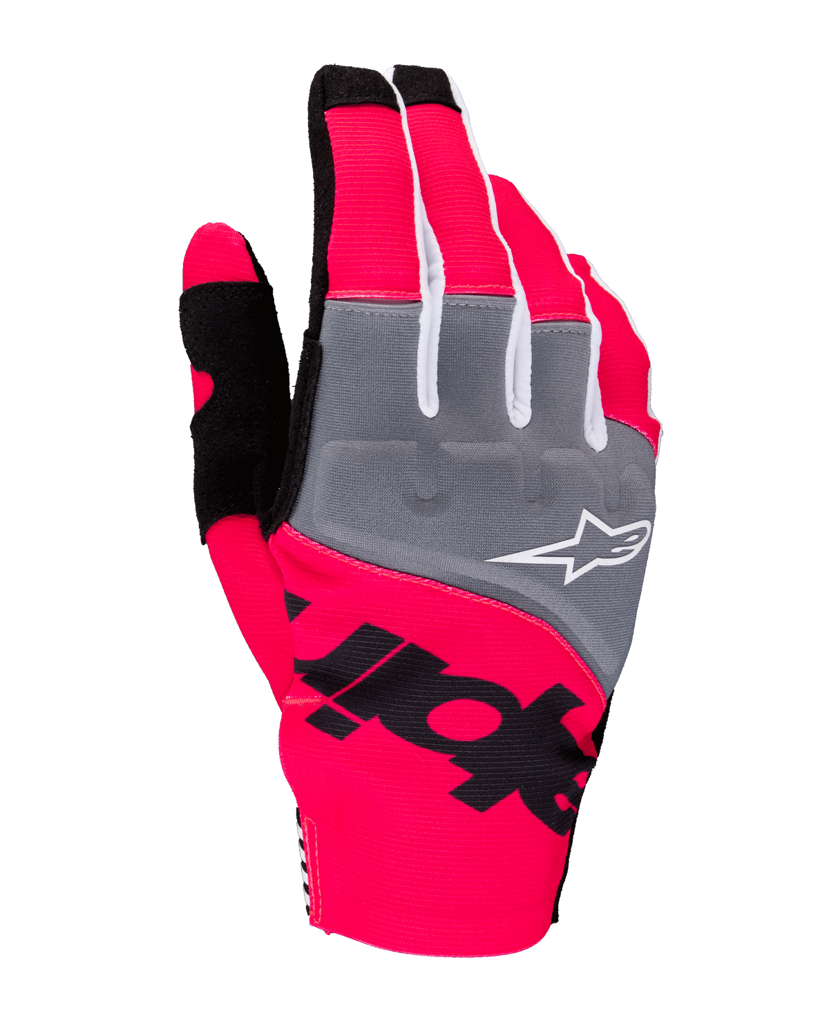 Alpinestars 2025 Techstar handschoenen, motorcross handschoenen, fluo roze, grijs en zwart, voorzien van grijze knokkelpanelen met wit logo, opvallende zwarte branding op neonroze stretchstof, lichtgewicht ontwerp met witte accenten voor off-road prestaties