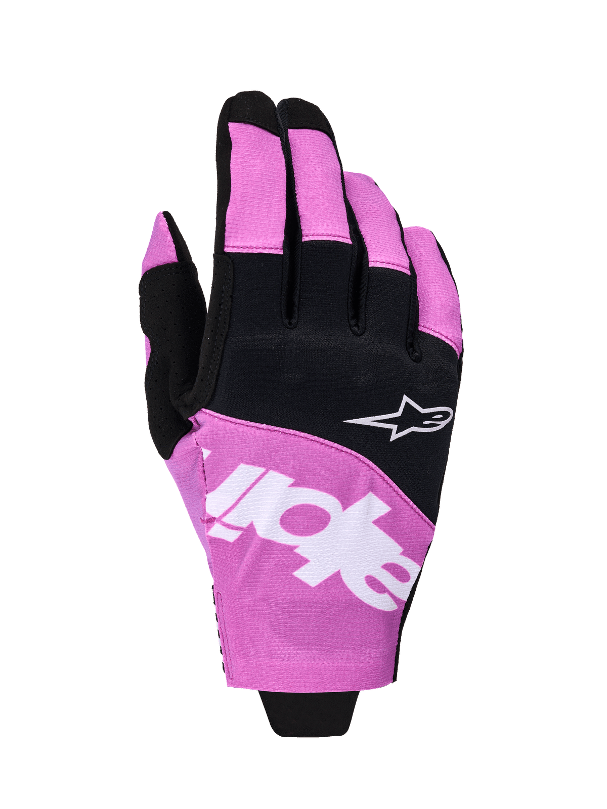 Alpinestars 2026 Techstar handschoenen, motorcross handschoenen, zwart en paars, bovenaanzicht met wit Astar-logo en merkdetails, stretch micro ripstop constructie, hoogwaardige off-road handbescherming