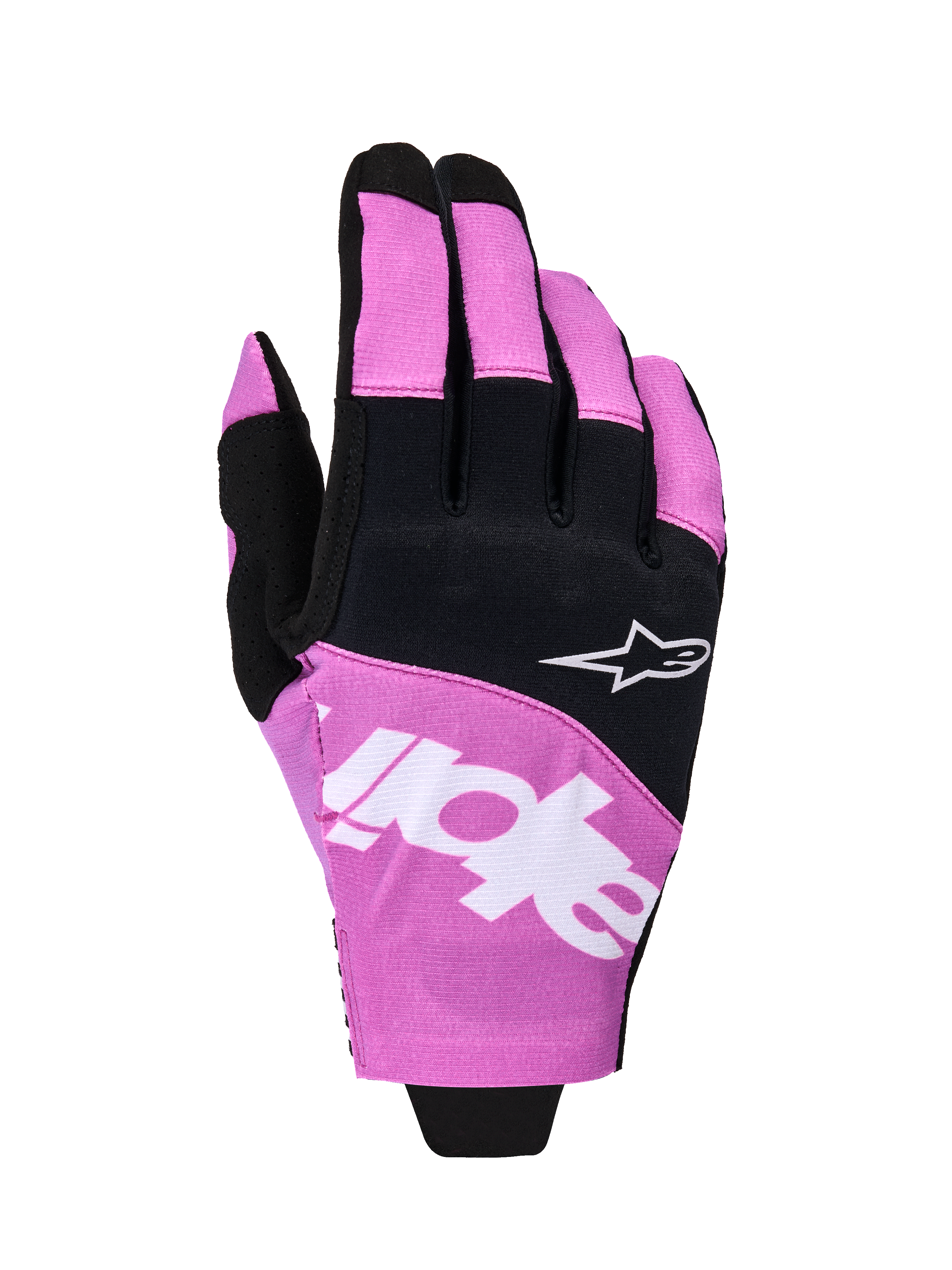 Alpinestars 2026 Techstar handschoenen, motorcross handschoenen, zwart en paars, bovenaanzicht met wit Astar-logo en merkdetails, stretch micro ripstop constructie, hoogwaardige off-road handbescherming