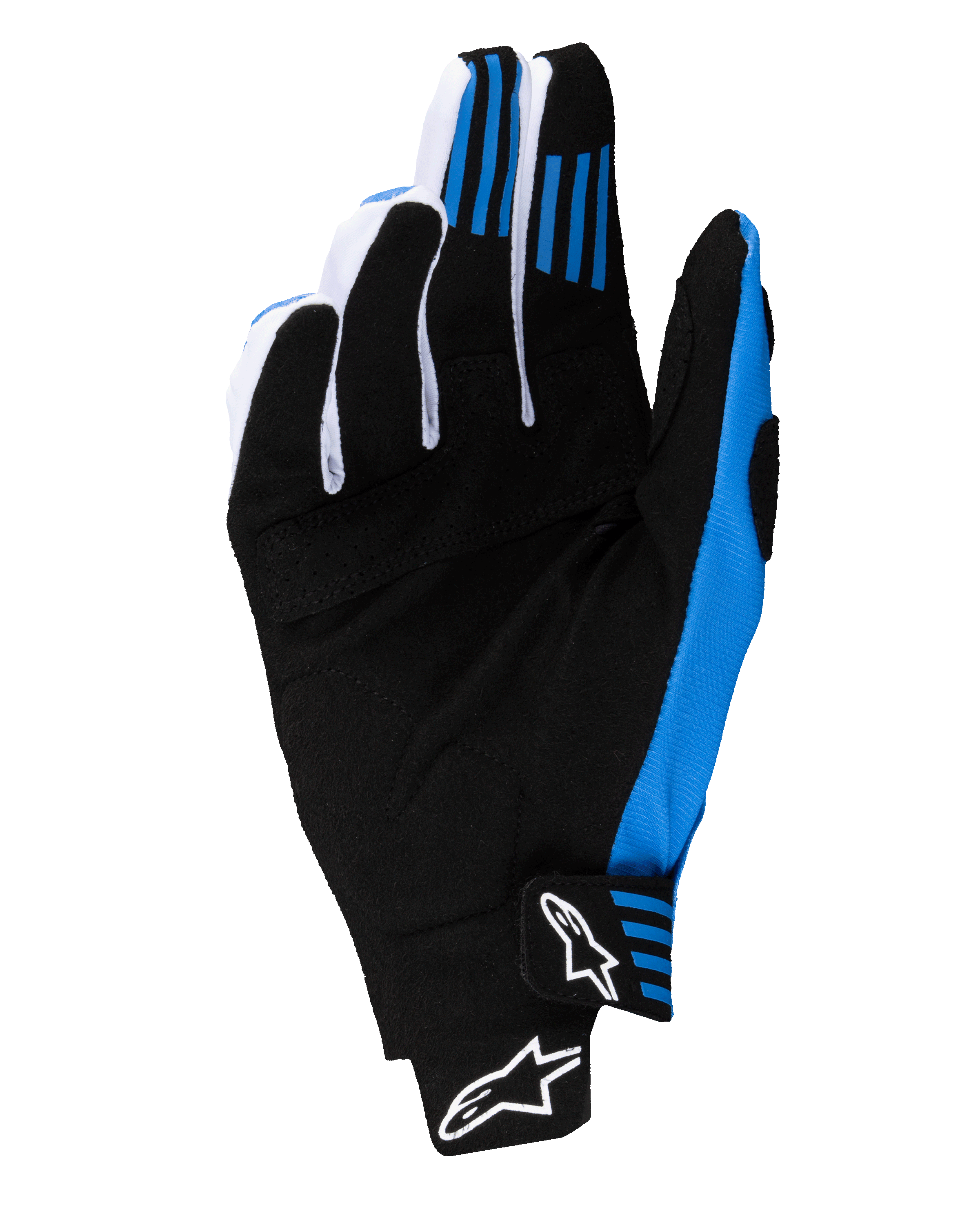 Alpinestars 2025 Techstar handschoenen, motorcross handschoenen, zwart en blauw, zicht op de handpalm met versterkte constructie van synthetisch suède, blauwe siliconen vingergrips en naadloze polssluiting met witte Astars-logo's.