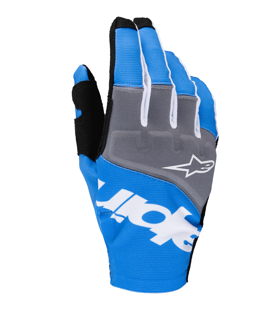 Alpinestars 2025 Techstar handschoenen, motorcross handschoenen, blauw en grijs met witte en zwarte accenten, voorzien van een wit sterlogo op het knokkelpaneel, opvallende witte branding over de bovenhand en een geribbelde textielconstructie voor off-road racen.