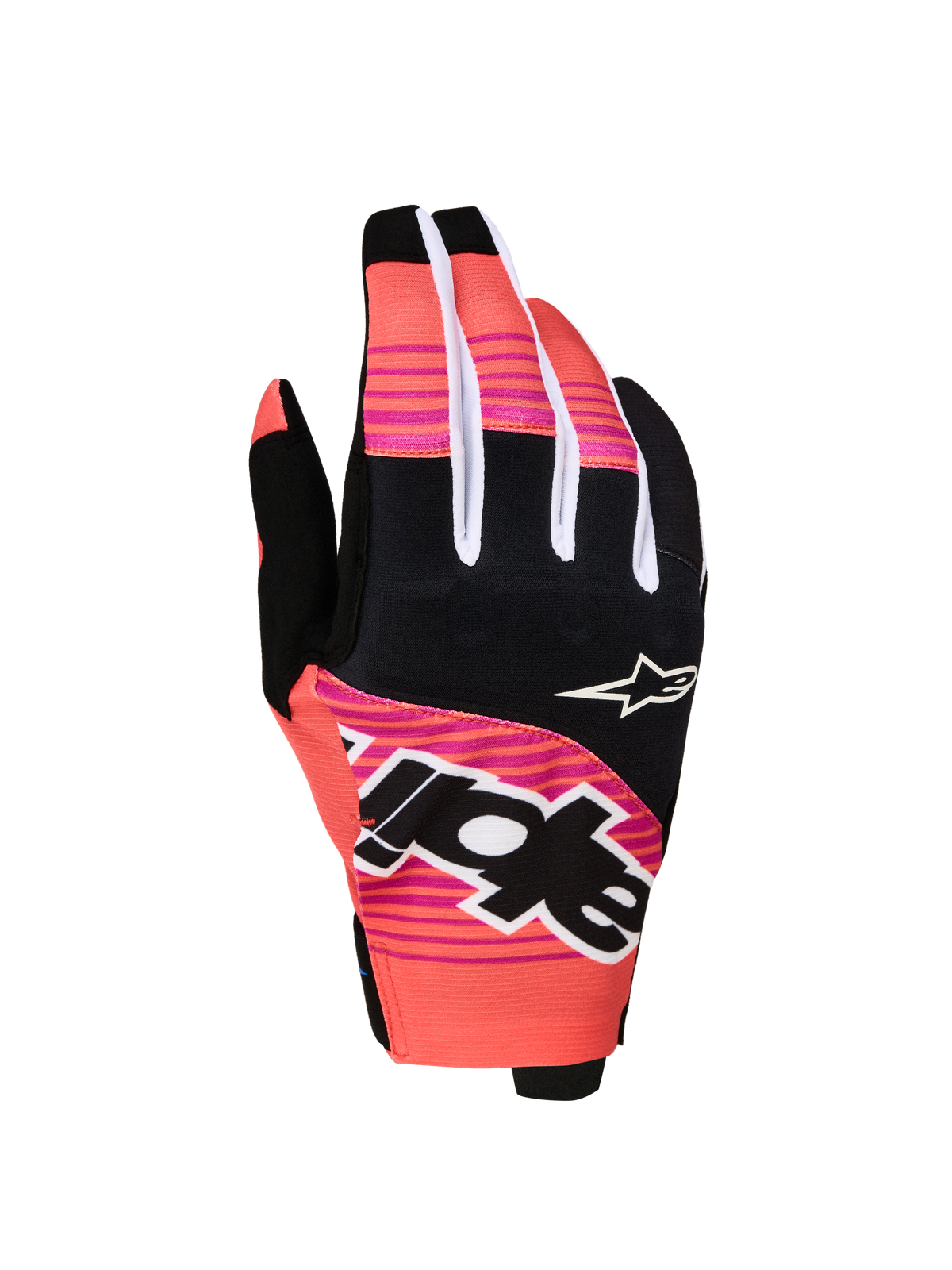 Gants Alpinestars Techstar 2027, gants de moto tout-terrain roses et noirs avec graphismes sublimés et articulations en néoprène.
