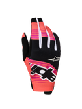 Gants Alpinestars Techstar 2027, gants de moto tout-terrain roses et noirs avec graphismes sublimés et articulations en néoprène.