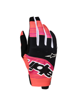 Alpinestars Techstar Handschuhe 2027, Motocross-Handschuhe in Pink und Schwarz, sublimierte Grafiken, Neopren-Knöchelschutz.