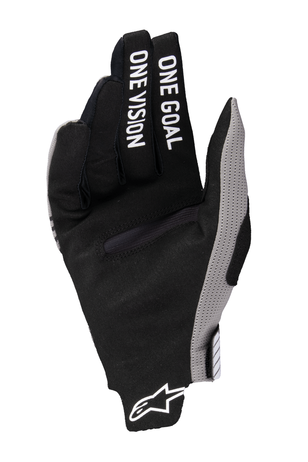 Gants Alpinestars Radar Pro 2025, gants de motocross, noirs avec accents gris, vue de la paume avec l'inscription « ONE GOAL ONE VISION » sur les doigts, en daim synthétique, design minimaliste pour la performance tout-terrain