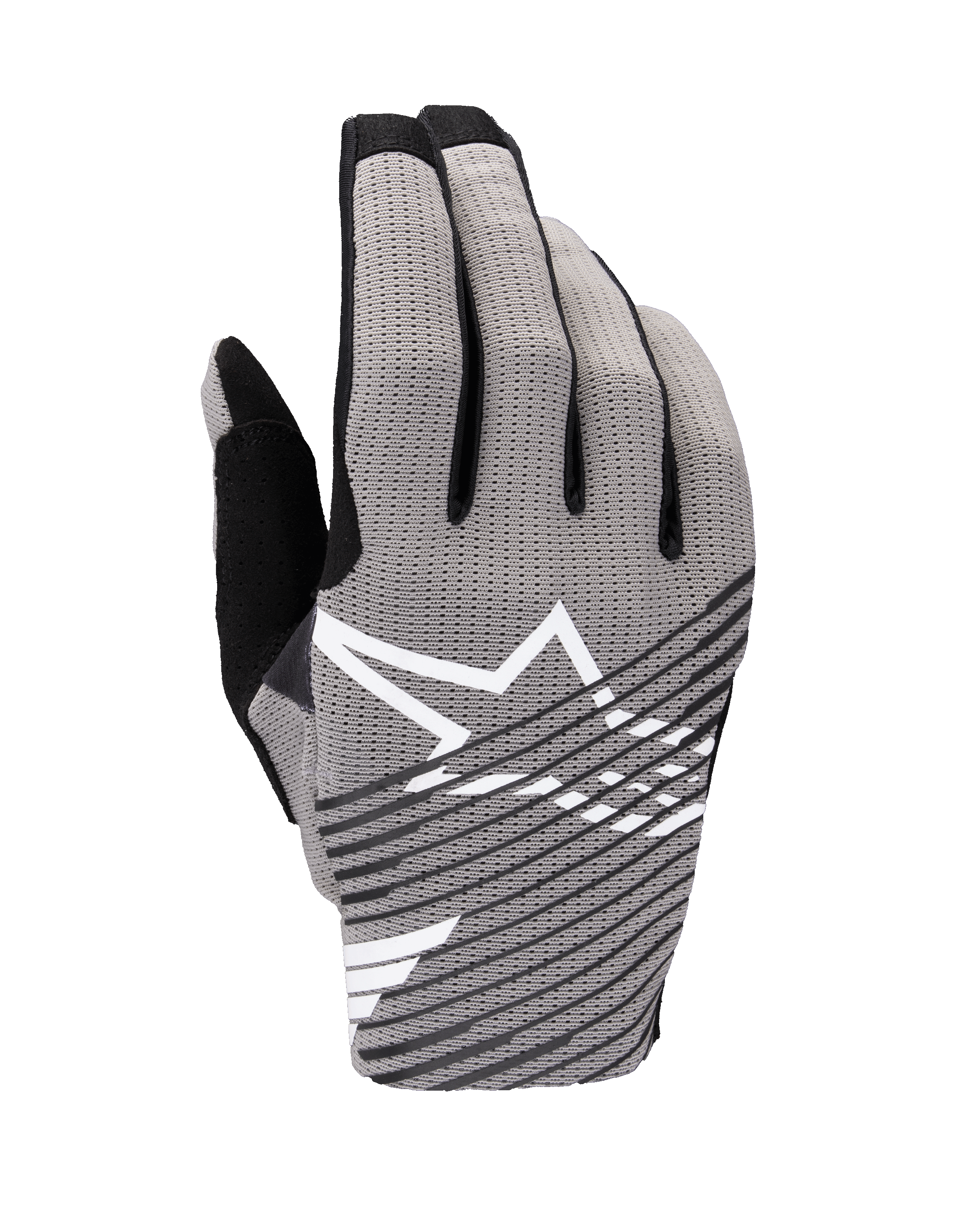 Gants Alpinestars Radar Pro 2025, gants de motocross, gris et noir, vue du dos de la main avec maille extensible 4 directions respirante, logo étoile blanc et rayures diagonales noires, conçus pour la performance et la circulation de l'air