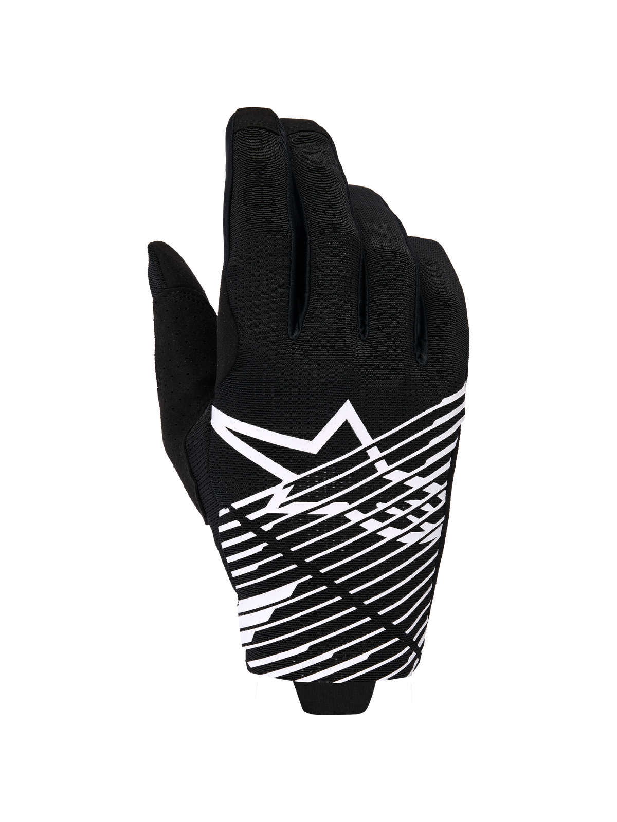 Gants Alpinestars 2026 Radar Pro, gants de motocross, noir et blanc, avec un logo étoile blanc et un motif graphique à lignes diagonales sur le dos de la main, maille respirante avec détails perforés, style tout-terrain haute performance