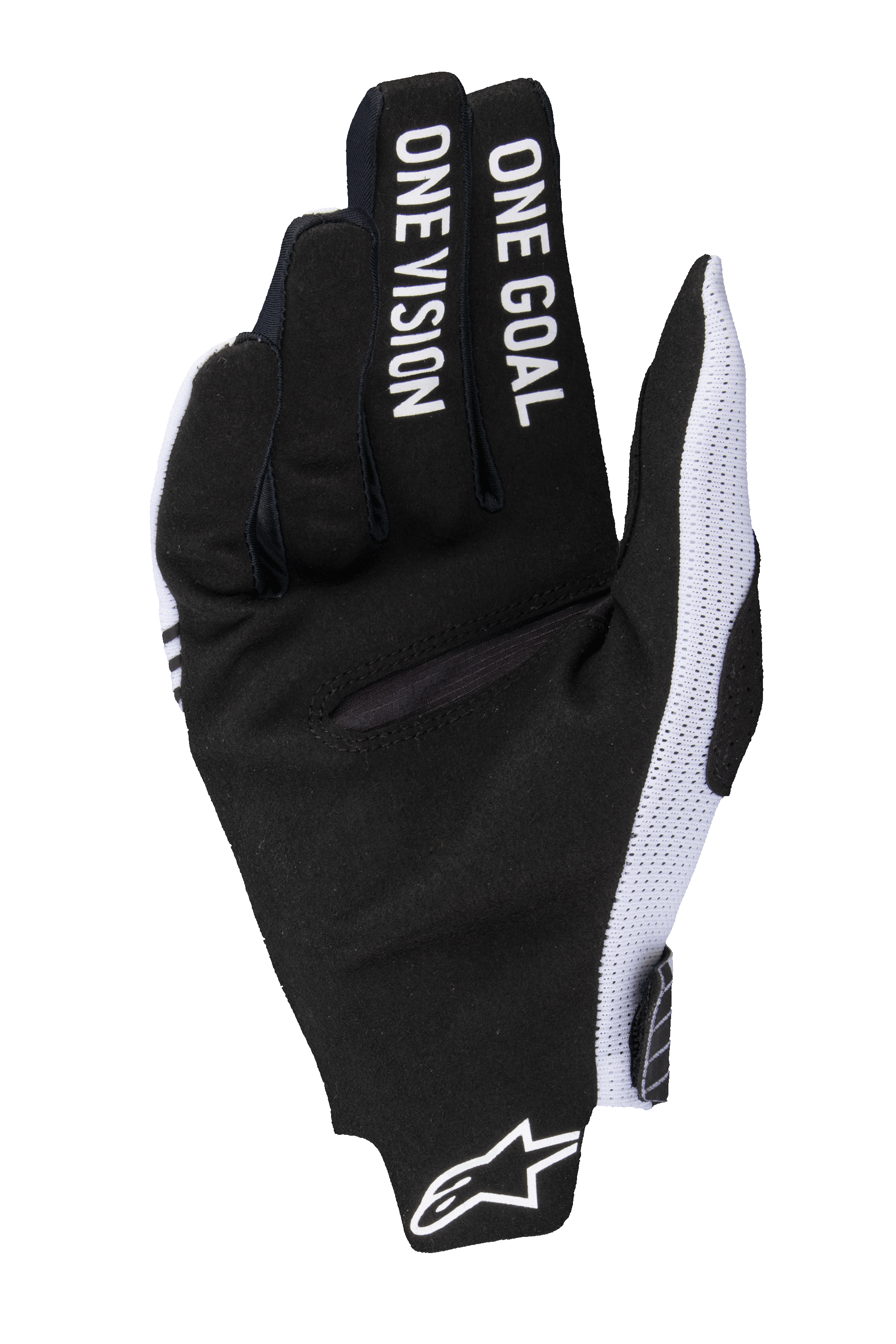 Alpinestars 2025 Radar Pro Gloves, Motocross Gloves, White and Black, palm view featuring black synthetic suede with 'ONE GOAL ONE VISION' text on the fingers, white mesh side panels, and Alpinestars logo at the wrist.