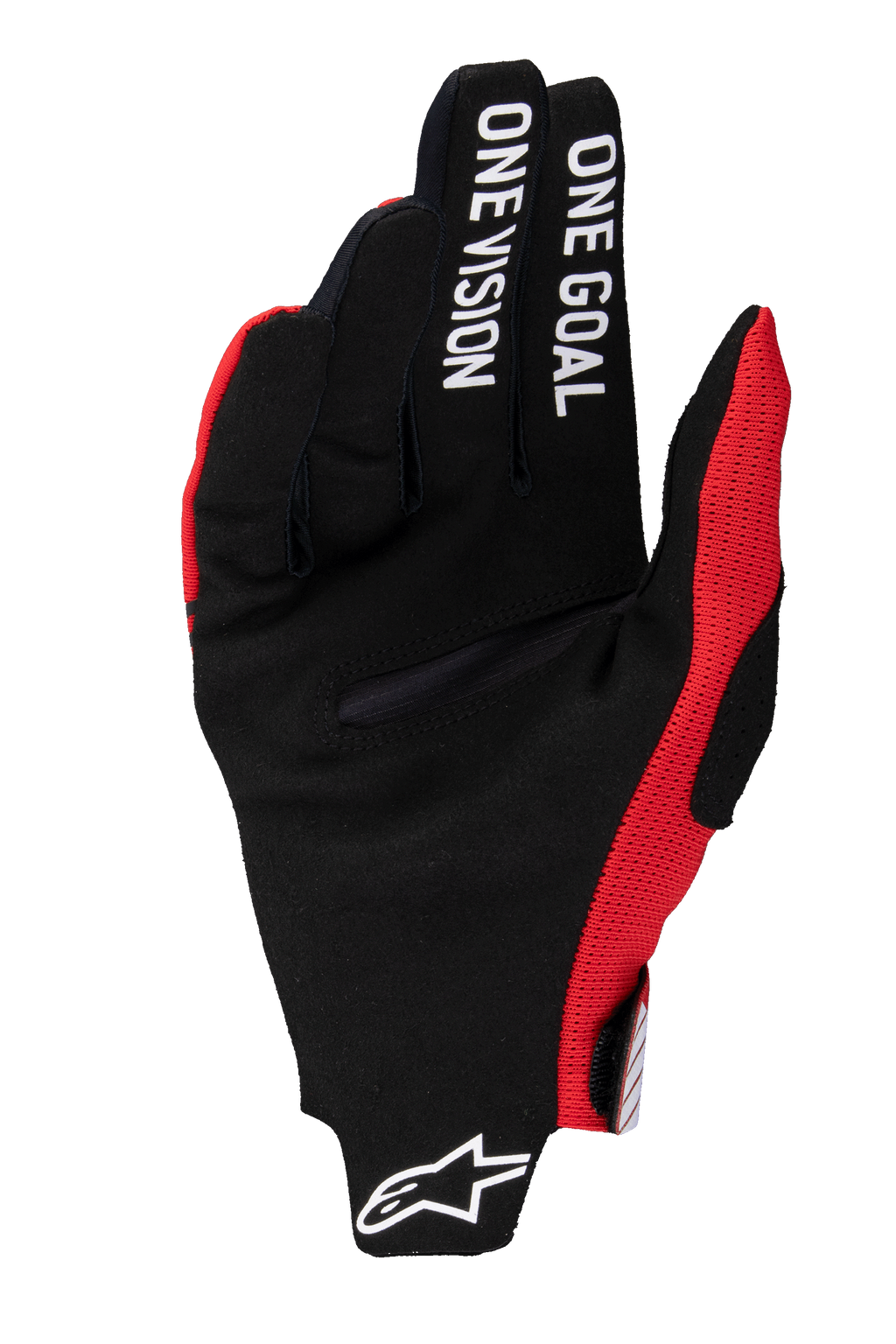 Gants Alpinestars 2025 Radar Pro, gants de motocross, rouge vif, paume en daim synthétique noir avec le texte "ONE GOAL ONE VISION" sur les doigts, accents en maille rouge, logo Astars blanc sur le poignet, design minimaliste pour un contrôle maximal