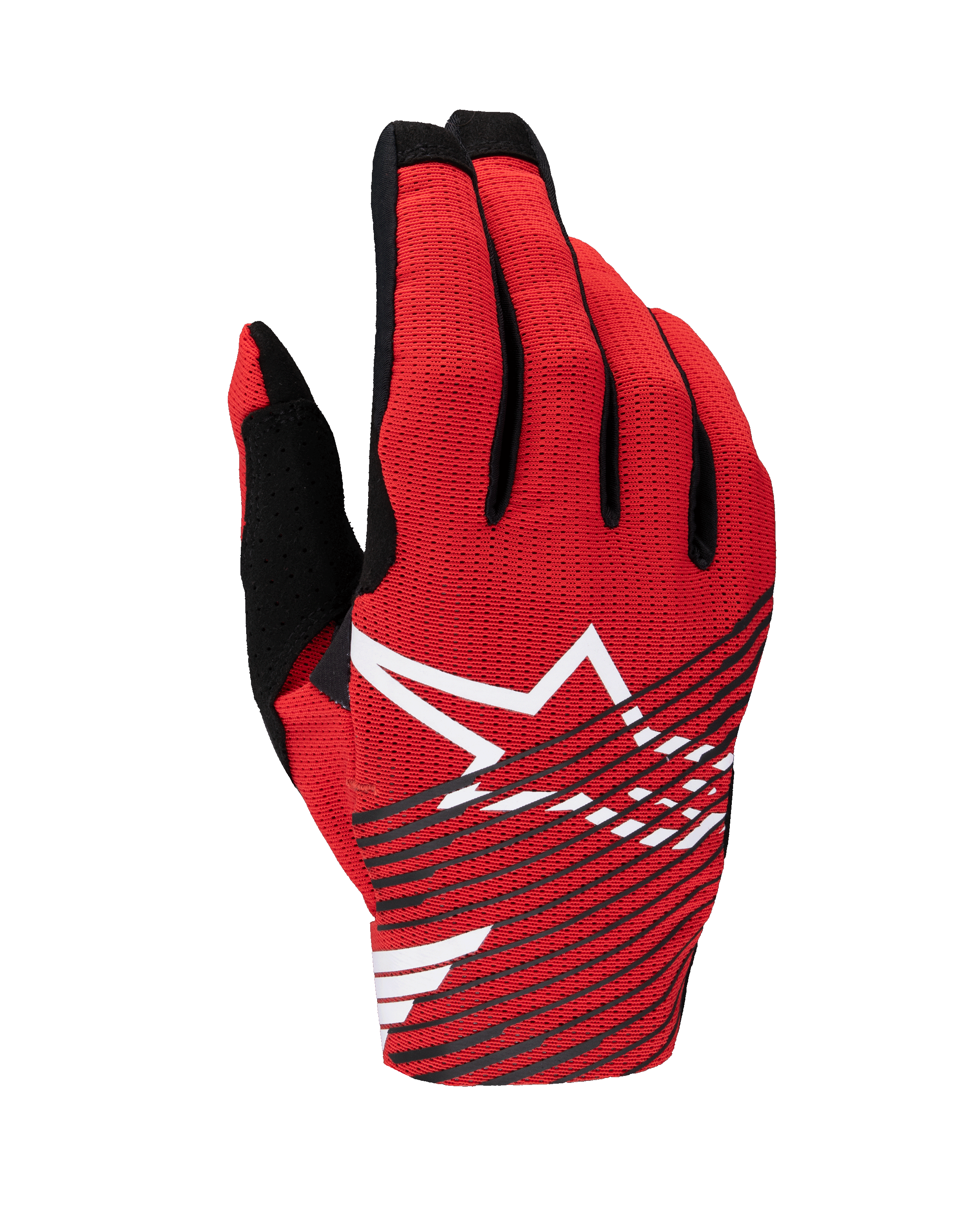 Gants Alpinestars Radar Pro 2025, gants de motocross, rouge vif, noir et blanc, avec un grand logo étoile blanche et des rayures diagonales noires sur le dos de la main en maille respirante, équipement de performance léger pour la course tout-terrain