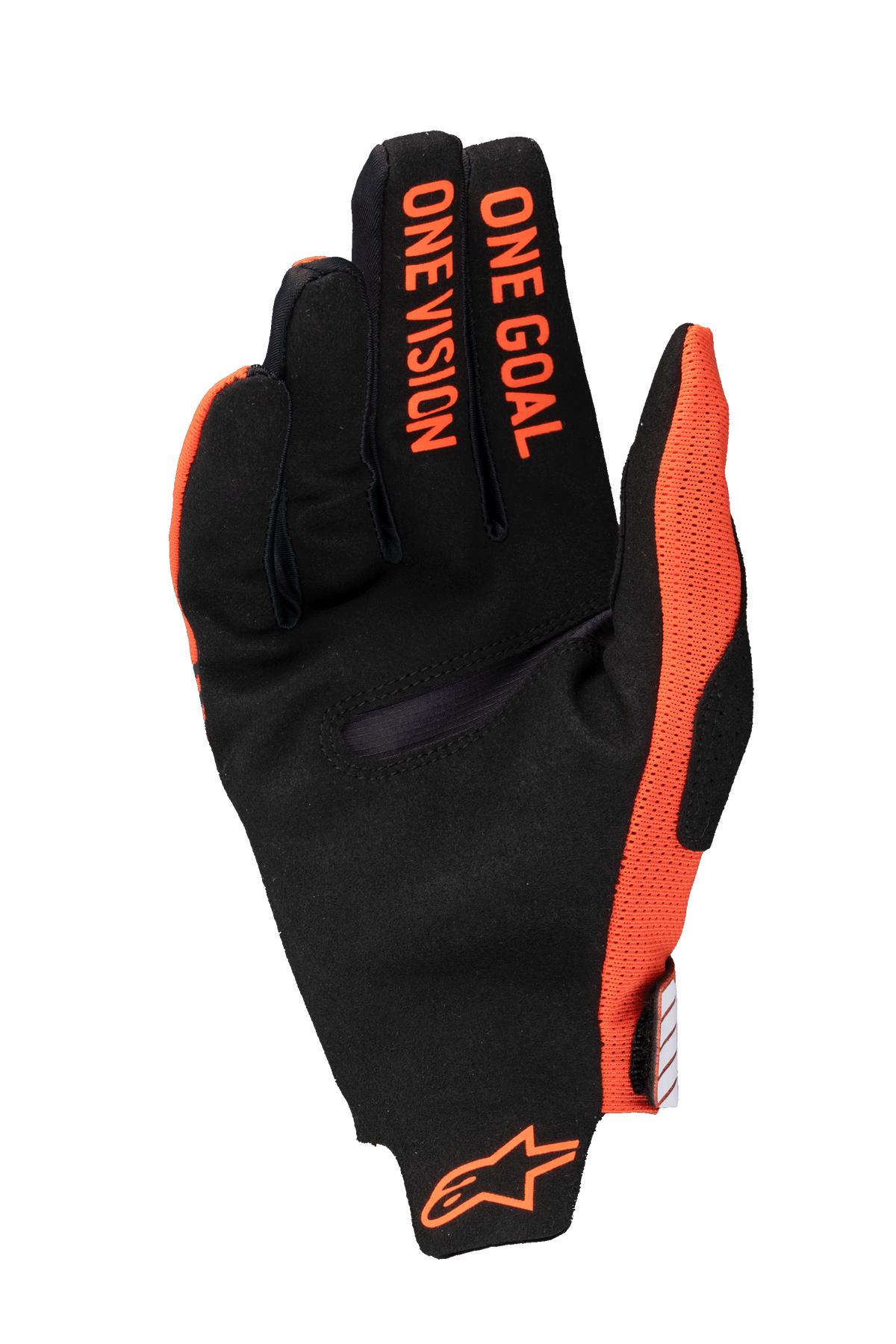 Gants Alpinestars Radar Pro 2025, gants de motocross, orange et noir, vue de la paume avec texte « ONE GOAL ONE VISION » sur les doigts et logo orange au poignet, daim synthétique et maille respirante pour la performance tout-terrain