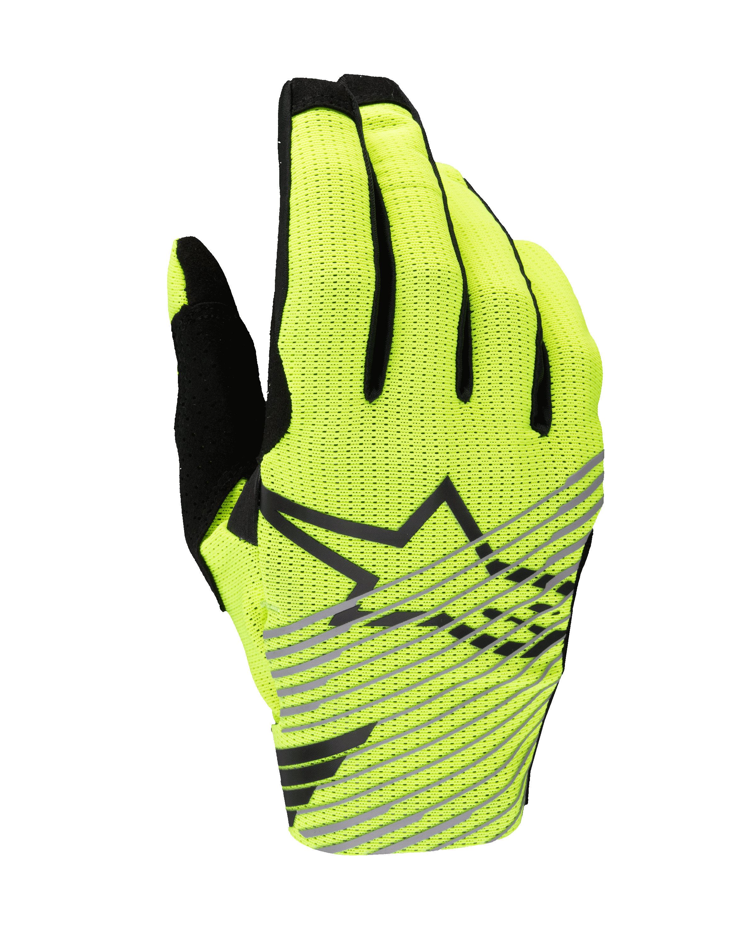 Alpinestars 2025 Radar Pro Handschuhe, Motocross-Handschuhe, Gelb Fluo und Schwarz, einlagige atmungsaktive Mesh-Oberhand, schwarzes Stern-Logo mit diagonalen grauen Streifen, Hochleistungs-Ausrüstung für Offroad-Rennen