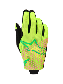 Alpinestars 2026 Radar Pro Gloves, Motocross Gloves, Green Yellow Fluo and Pink Fluo, single-layer mesh construction with vibrant pink diagonal stripes and green geometric star logo, lightweight off-road racing gear