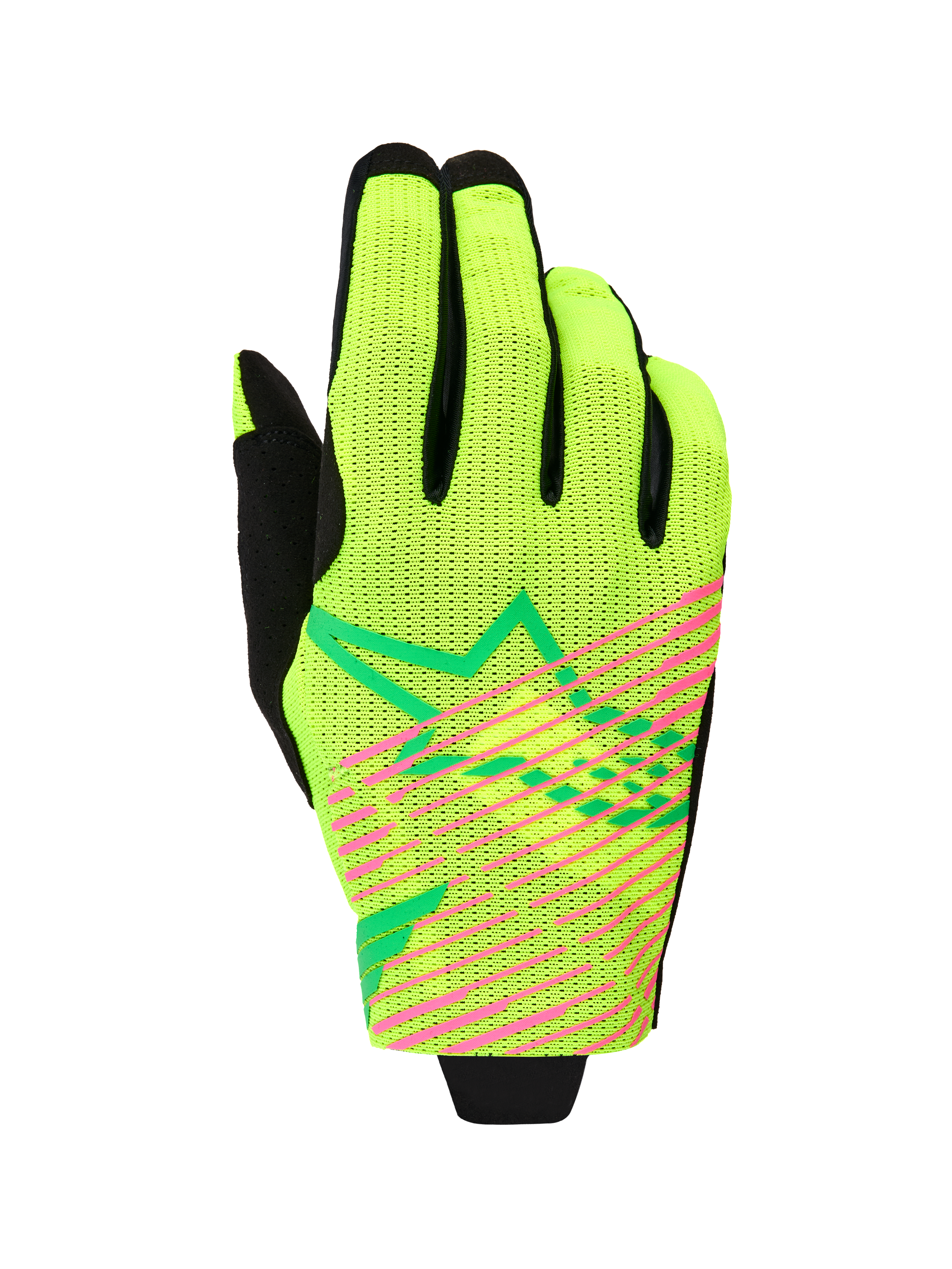 Gants Alpinestars Radar Pro 2026, gants de motocross, jaune-vert fluo et rose fluo, construction en mesh monocouche avec rayures diagonales rose vif et logo étoile géométrique vert, équipement de course tout-terrain léger