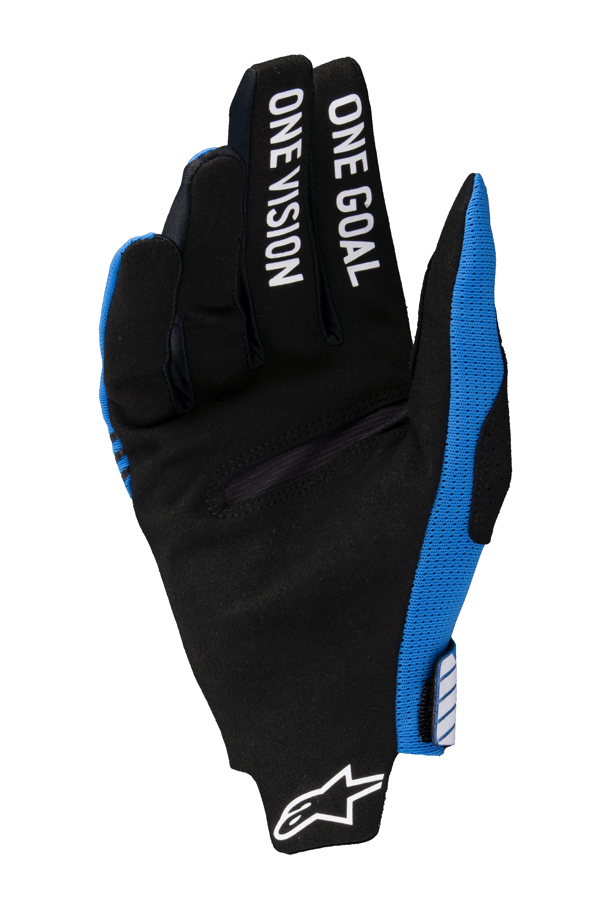 Gants Alpinestars 2025 Radar Pro, gants de motocross, bleu et noir, vue de la paume avec daim synthétique noir, inscription blanche « ONE GOAL ONE VISION » sur les doigts, logo Alpinestars blanc au poignet, design de course tout-terrain léger
