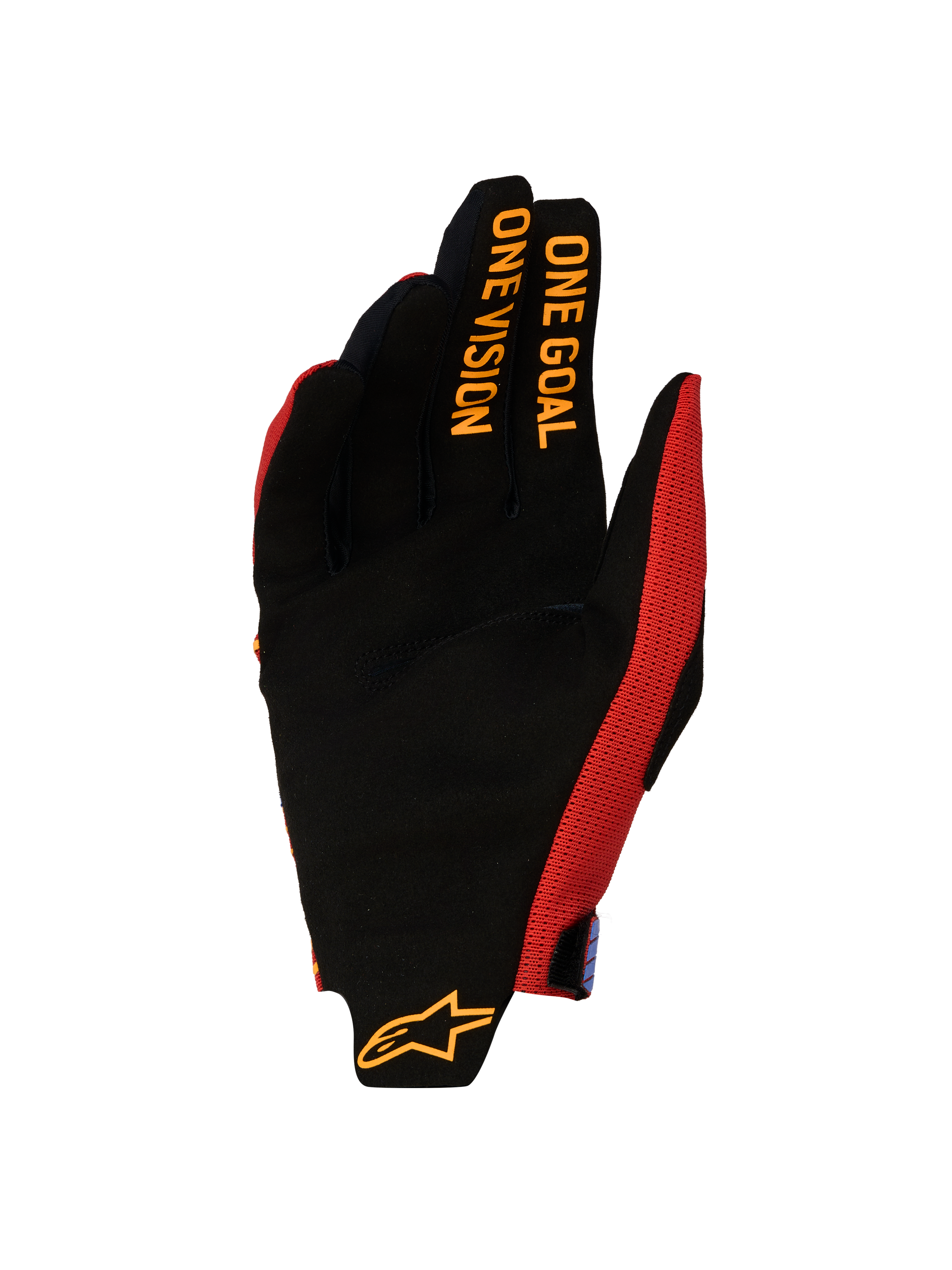 Alpinestars Radar Pro 2027, gants de motocross homme, rouges et noirs, paume en suède et graphisme One Goal One Vision