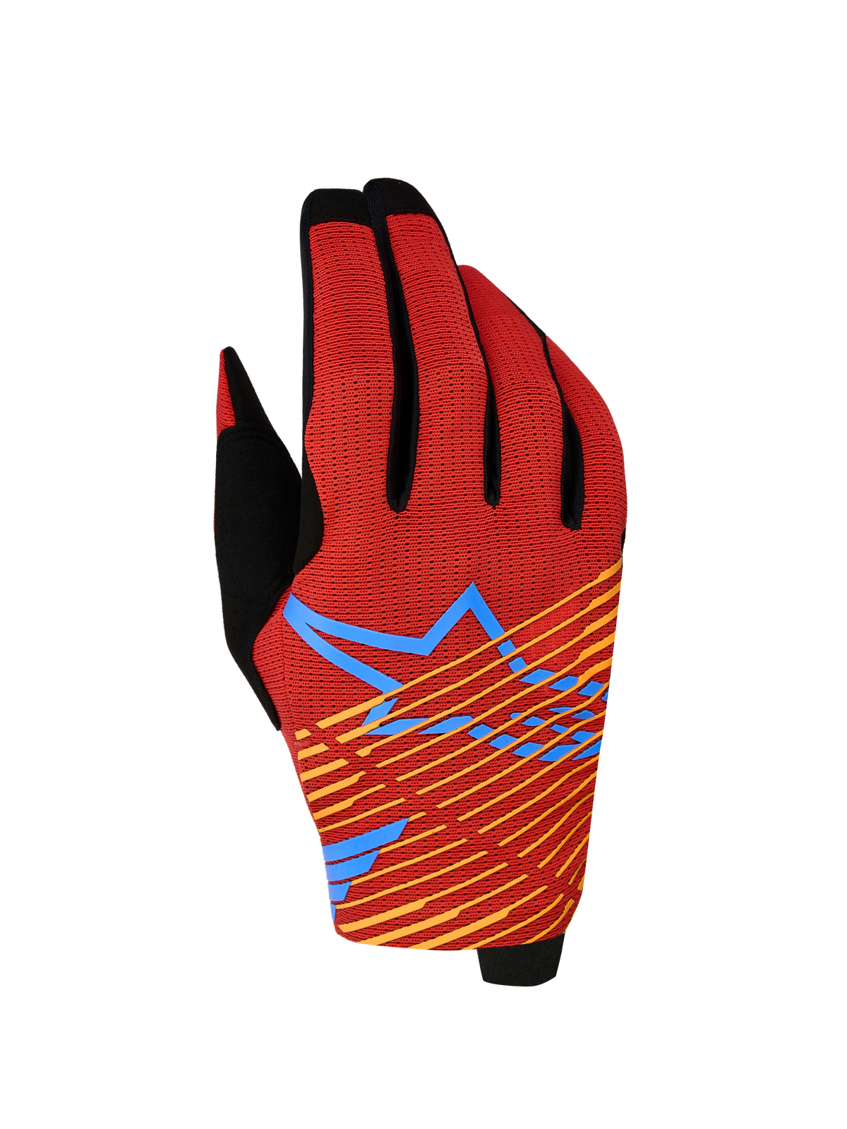 Gants Alpinestars Radar Pro 2027, gants de motocross pour homme, rouges et noirs avec graphique Astars bleu et jaune, dos en maille extensible, équipement de performance tout-terrain