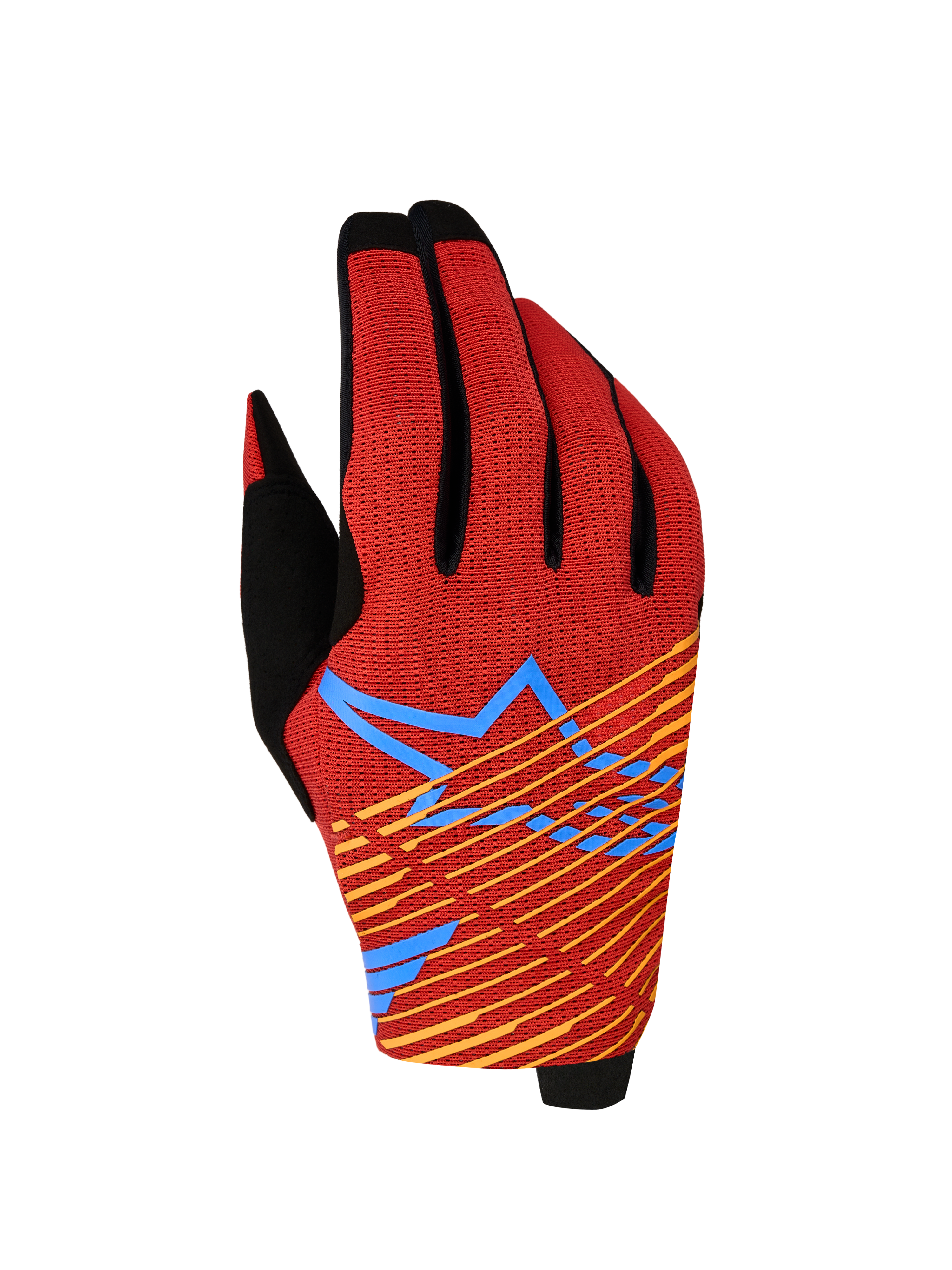 Gants Alpinestars Radar Pro 2027, gants de motocross pour homme, rouges et noirs avec graphique Astars bleu et jaune, dos en maille extensible, équipement de performance tout-terrain
