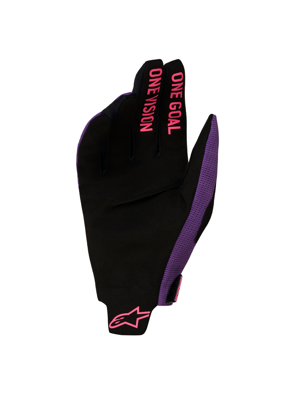 Gants Alpinestars Radar Pro 2027, gants de motocross noirs et violets avec graphismes roses ONE GOAL ONE VISION sur les doigts.
