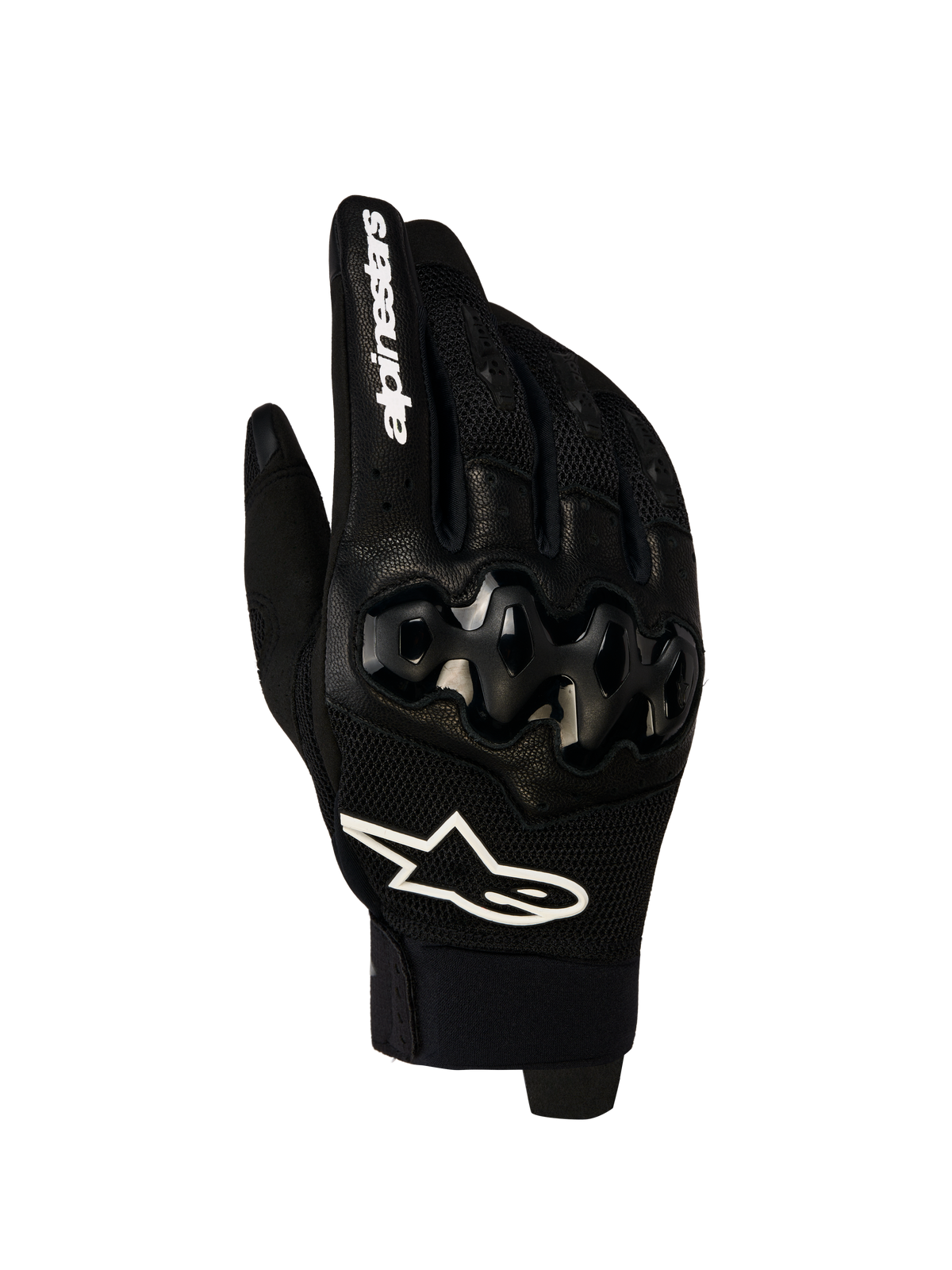 Gants Megawatt V2 Air d'Alpinestars, gants de moto enduro, noirs et blancs, avec protection des articulations et construction en mesh respirant, vue de face