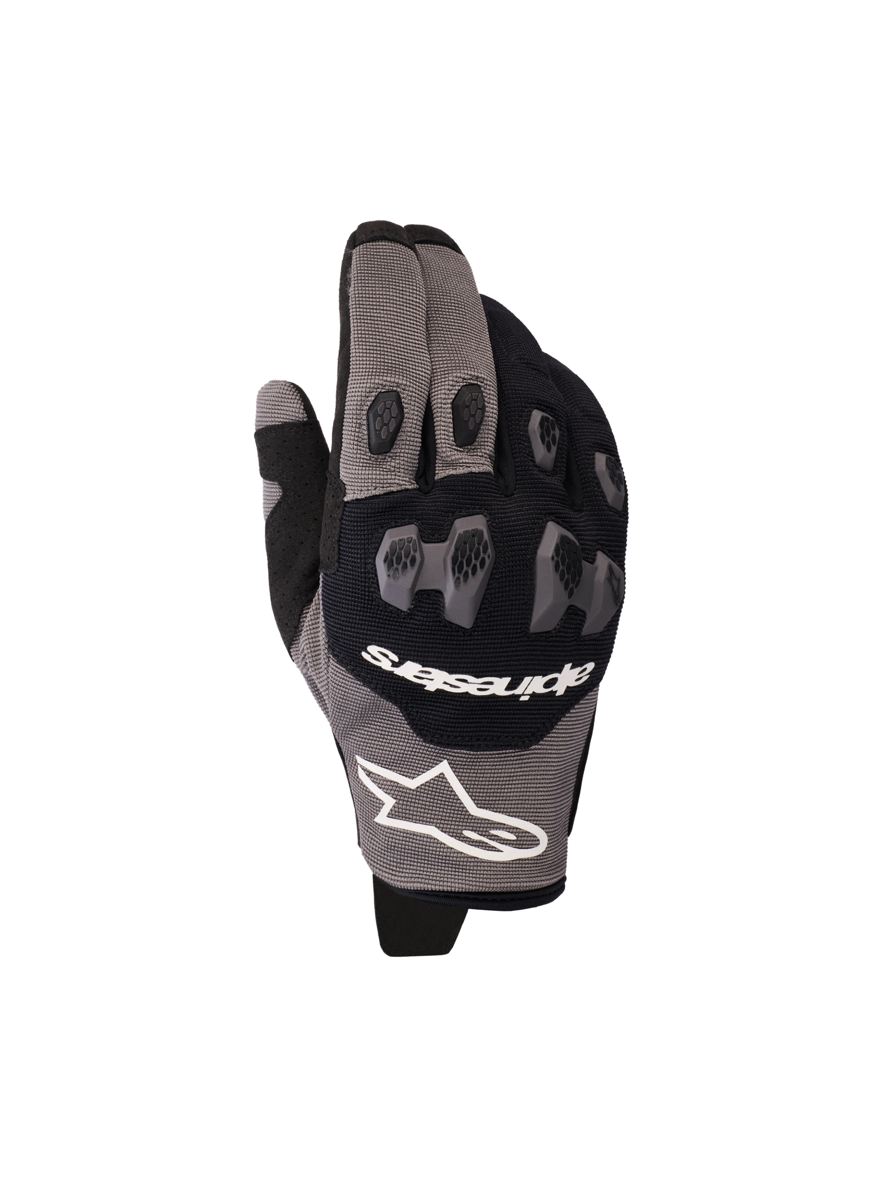 Gants Alpinestars Pro-Dura 2026, gants de moto noirs et gris, dotés d'une protection des articulations en TPR en deux parties avec motif hexagonal, logo Alpinestars blanc, construction multi-panneaux extensible et en mesh, conçus pour la performance en enduro et tout-terrain.