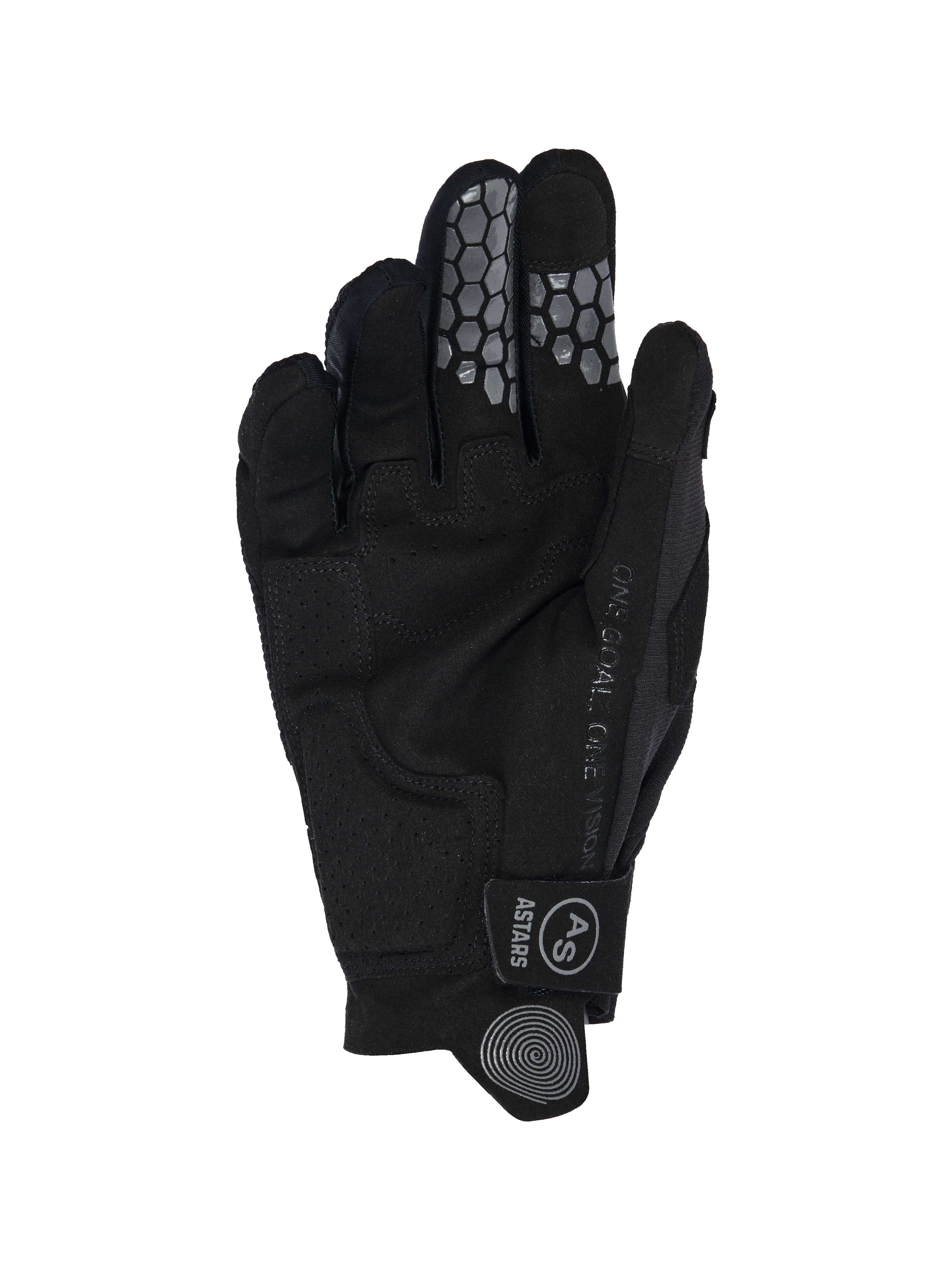 Alpinestars 2026 Pro-Dura handschoenen, handpalmweergave, zwart synthetisch suède met geperforeerde versterkingen, honingraat siliconen grip op wijs- en middelvinger, 'ONE GOAL. ONE VISION' tekst en polsband met Astars-logo.