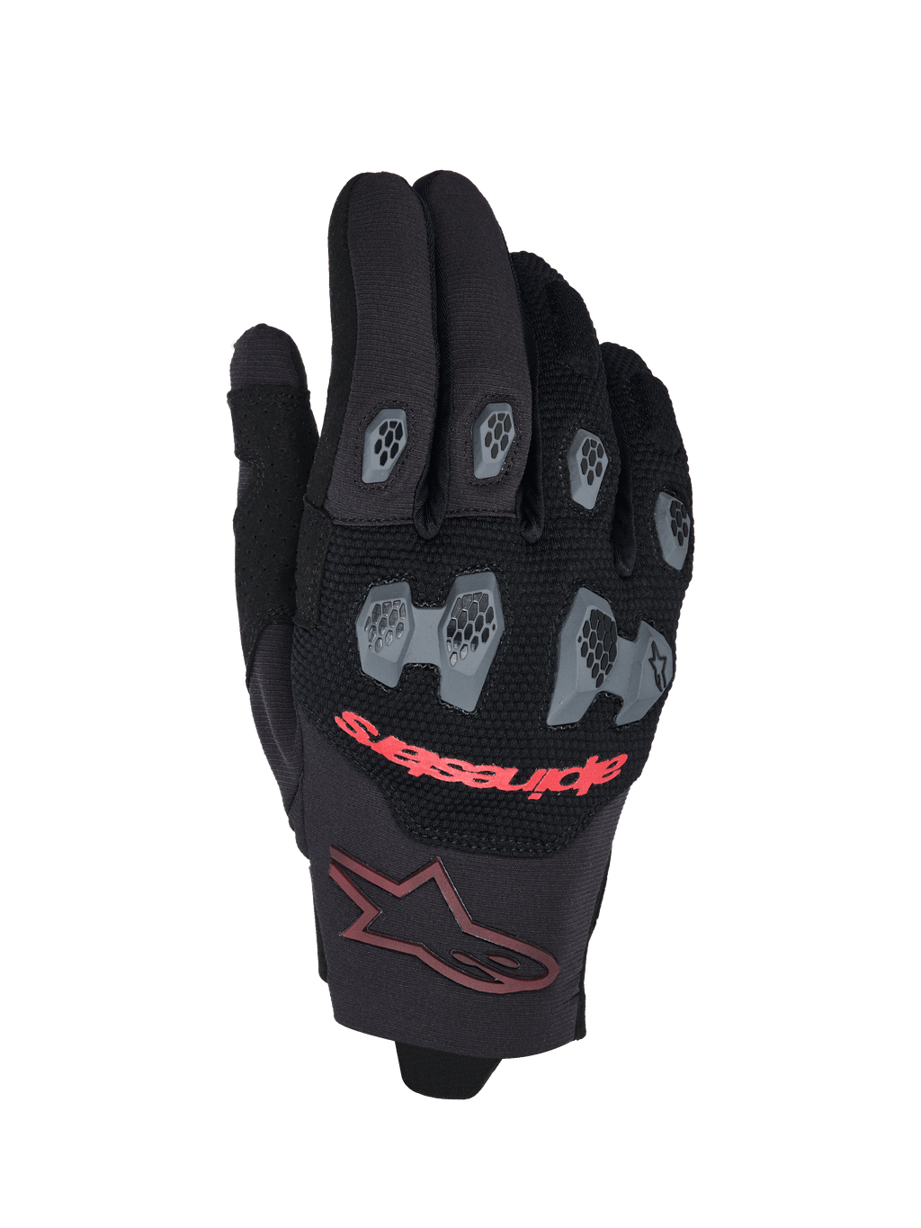 Alpinestars 2026 Pro-Dura handschoenen, motorcross- en endurohandschoenen, zwart en felrood, met grijze TPR-knokkel- en vingerbeschermers met een hexagonaal patroon, ademende mesh-bovenzijde, rode Alpinestars-tekst en een bordeauxrood sterlogo op de manchet