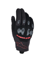 Alpinestars 2026 Pro-Dura handschoenen, motorcross- en endurohandschoenen, zwart en felrood, met grijze TPR-knokkel- en vingerbeschermers met een hexagonaal patroon, ademende mesh-bovenzijde, rode Alpinestars-tekst en een bordeauxrood sterlogo op de manchet