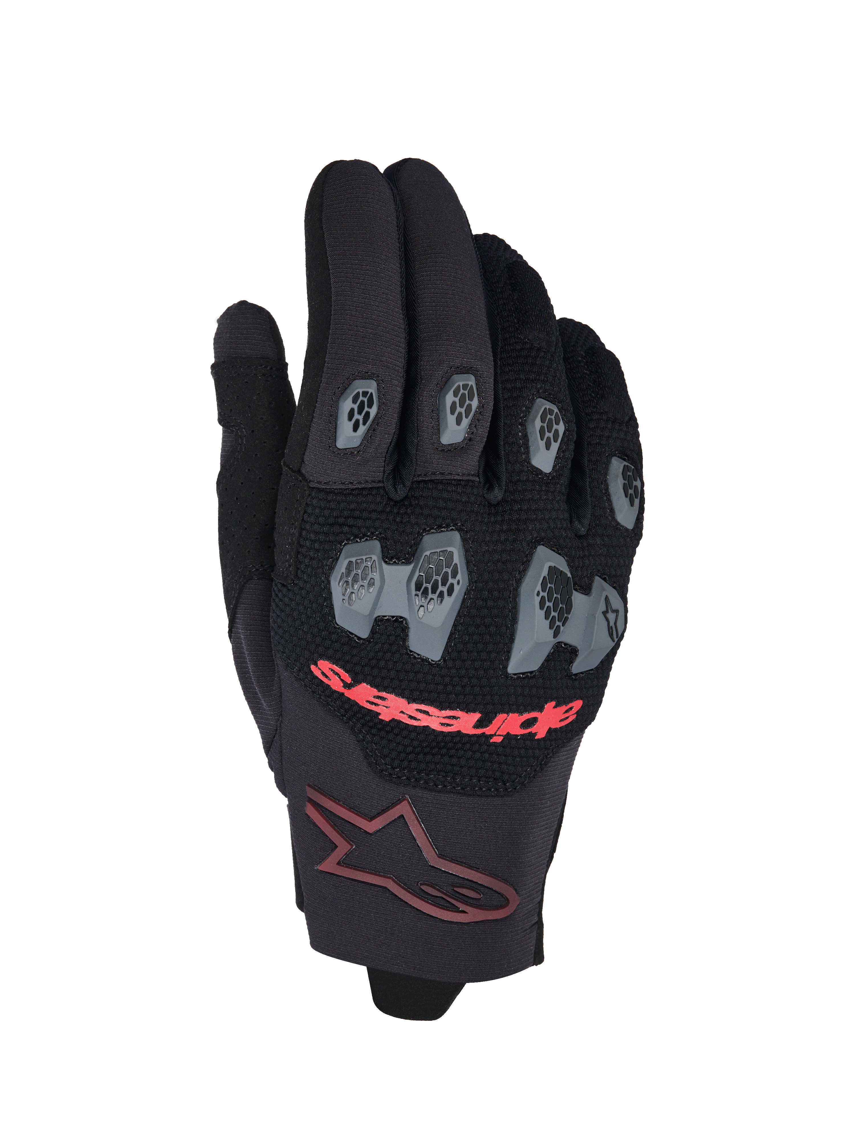 Alpinestars 2026 Pro-Dura handschoenen, motorcross- en endurohandschoenen, zwart en felrood, met grijze TPR-knokkel- en vingerbeschermers met een hexagonaal patroon, ademende mesh-bovenzijde, rode Alpinestars-tekst en een bordeauxrood sterlogo op de manchet