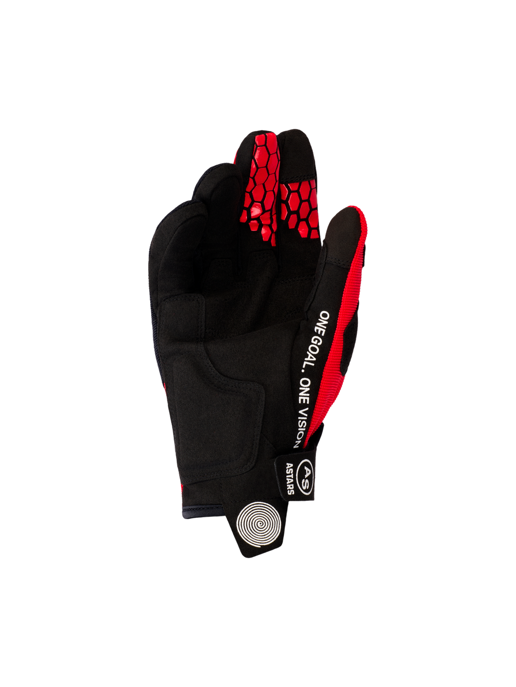 Gants Alpinestars 2026 Pro-Dura, gants de motocross et d'enduro, rouge vif et noir, vue de la paume en suède synthétique noir, texte blanc 'ONE GOAL. ONE VISION' sur le côté, et motifs rouges en nid d'abeille sur le bout des doigts.