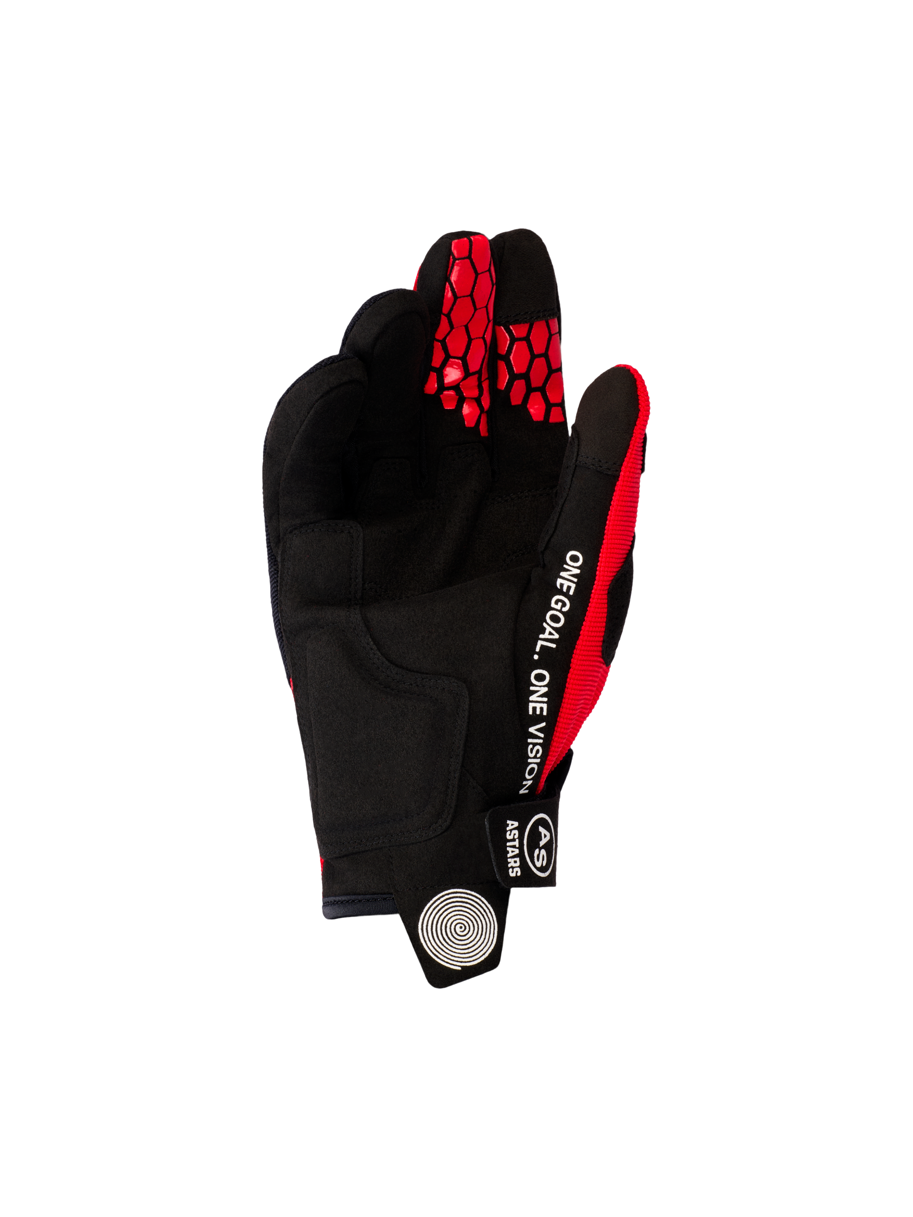 Gants Alpinestars 2026 Pro-Dura, gants de motocross et d'enduro, rouge vif et noir, vue de la paume en suède synthétique noir, texte blanc 'ONE GOAL. ONE VISION' sur le côté, et motifs rouges en nid d'abeille sur le bout des doigts.